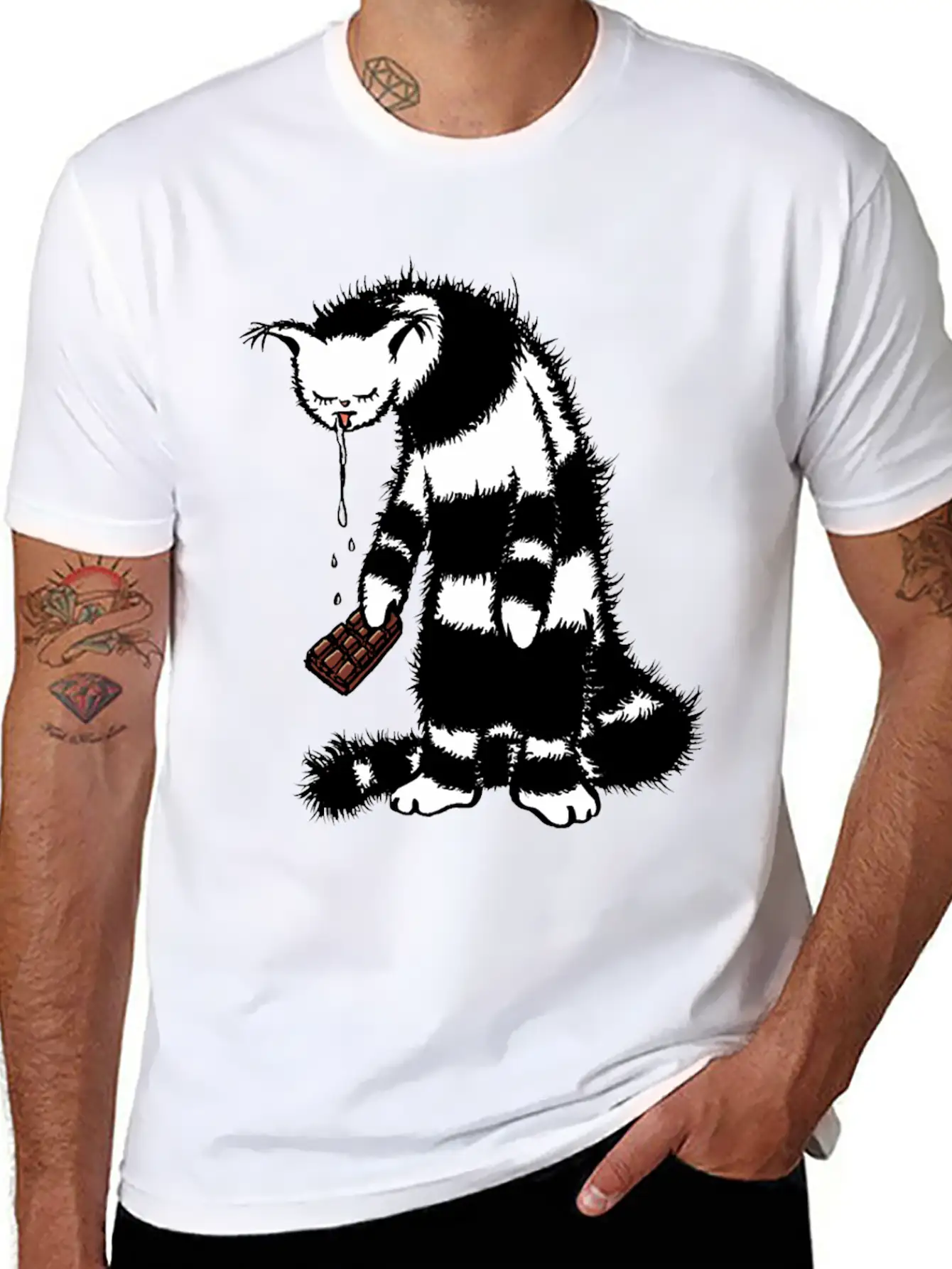 Weird Cat Character Loves Chocolate Unisex Short Sleeve Soft Cotton T-Shirt – Casual Everyday Wear