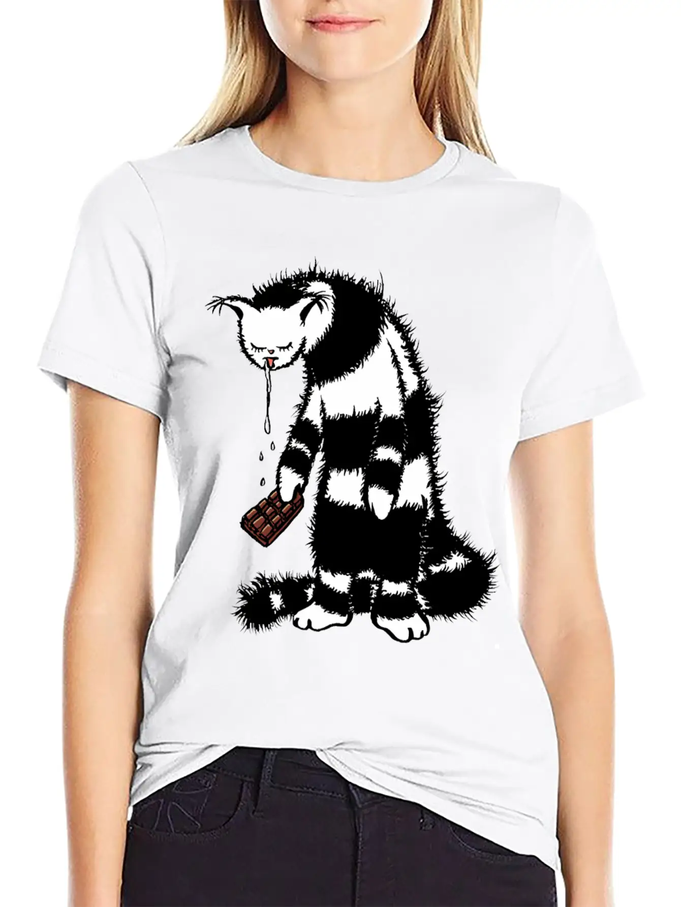 Weird Cat Character Loves Chocolate Unisex Short Sleeve Soft Cotton T-Shirt – Casual Everyday Wear