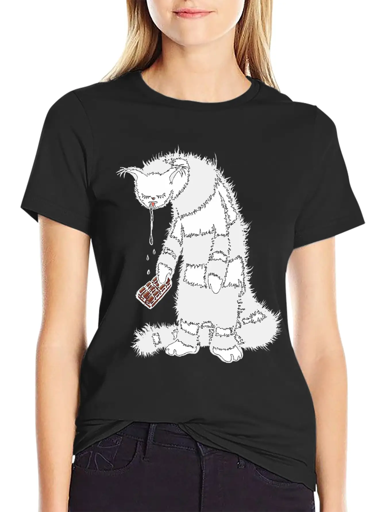Weird Cat Character Loves Chocolate Unisex Short Sleeve Soft Cotton T-Shirt – Casual Everyday Wear