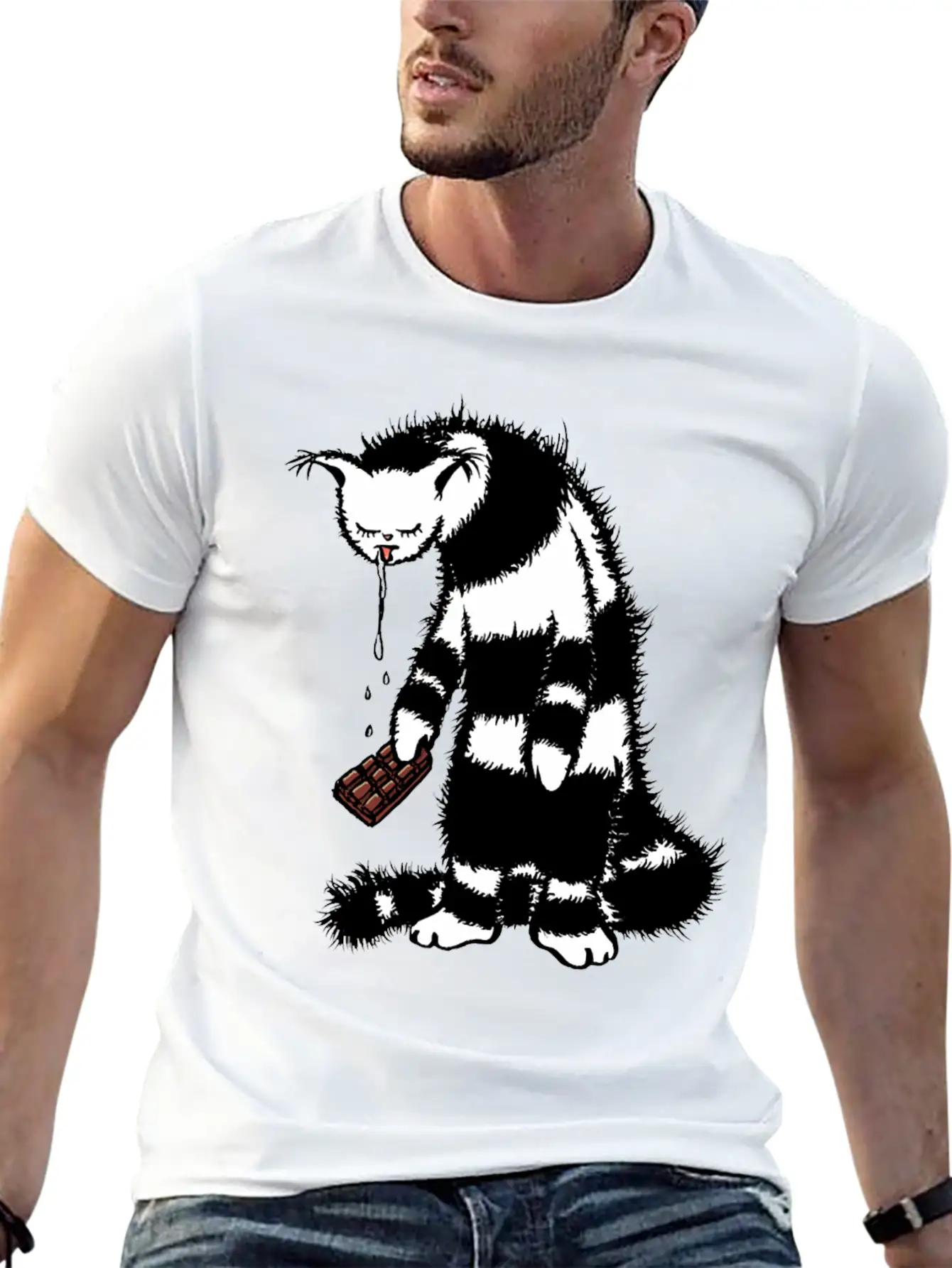 Weird Cat Character Loves Chocolate Unisex Short Sleeve Soft Cotton T-Shirt – Casual Everyday Wear