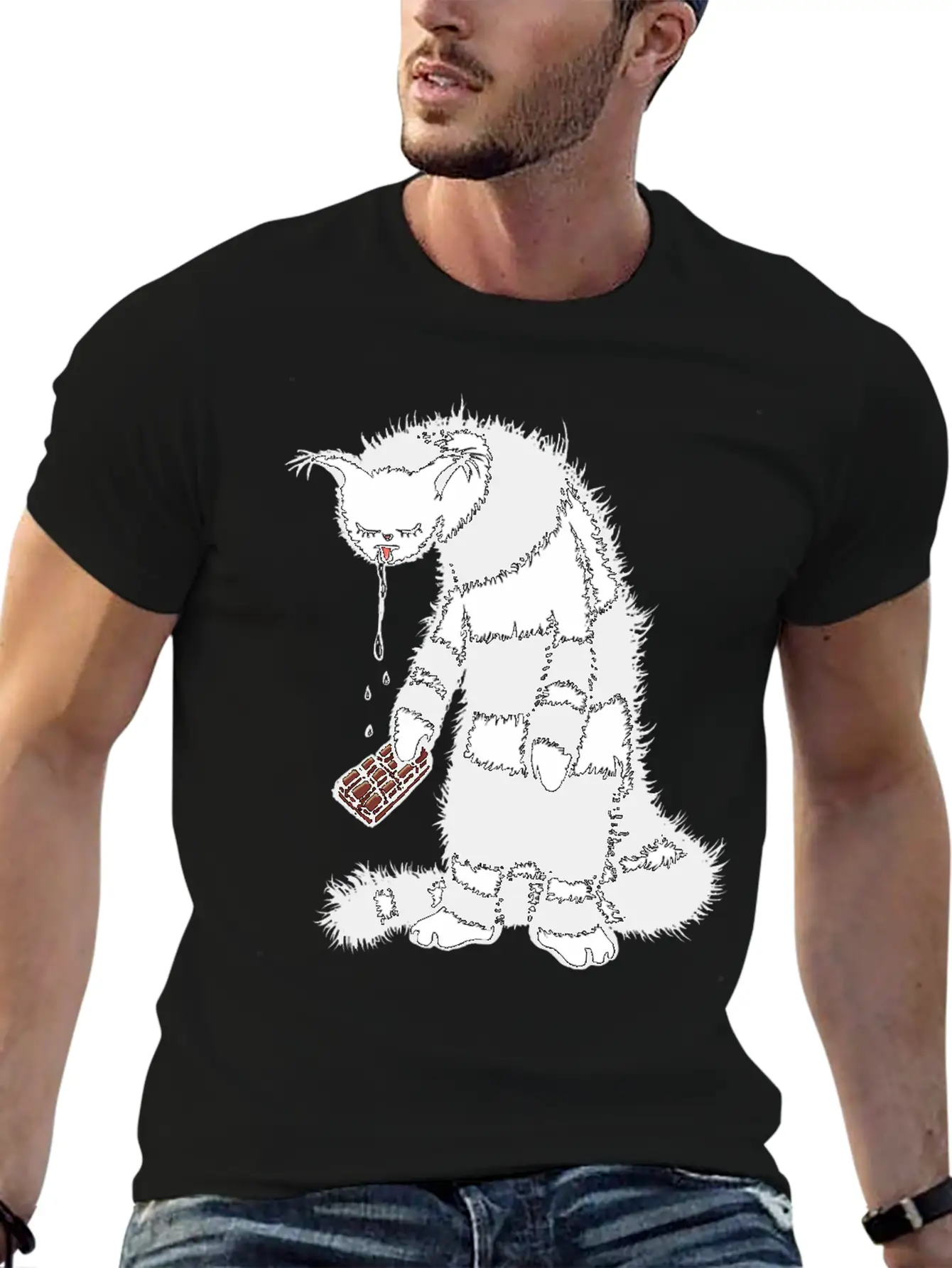 Weird Cat Character Loves Chocolate Unisex Short Sleeve Soft Cotton T-Shirt – Casual Everyday Wear