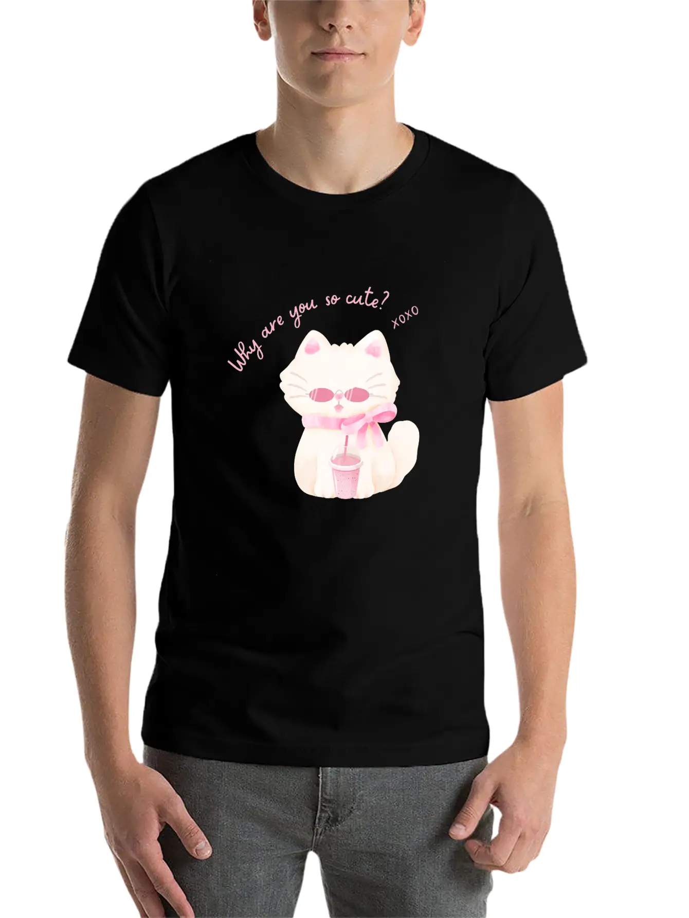 Why Are You So Cute Cat - Adorable Pink Vibe Kitty Timeless Short Sleeve Tee – Comfy And Minimalist Design