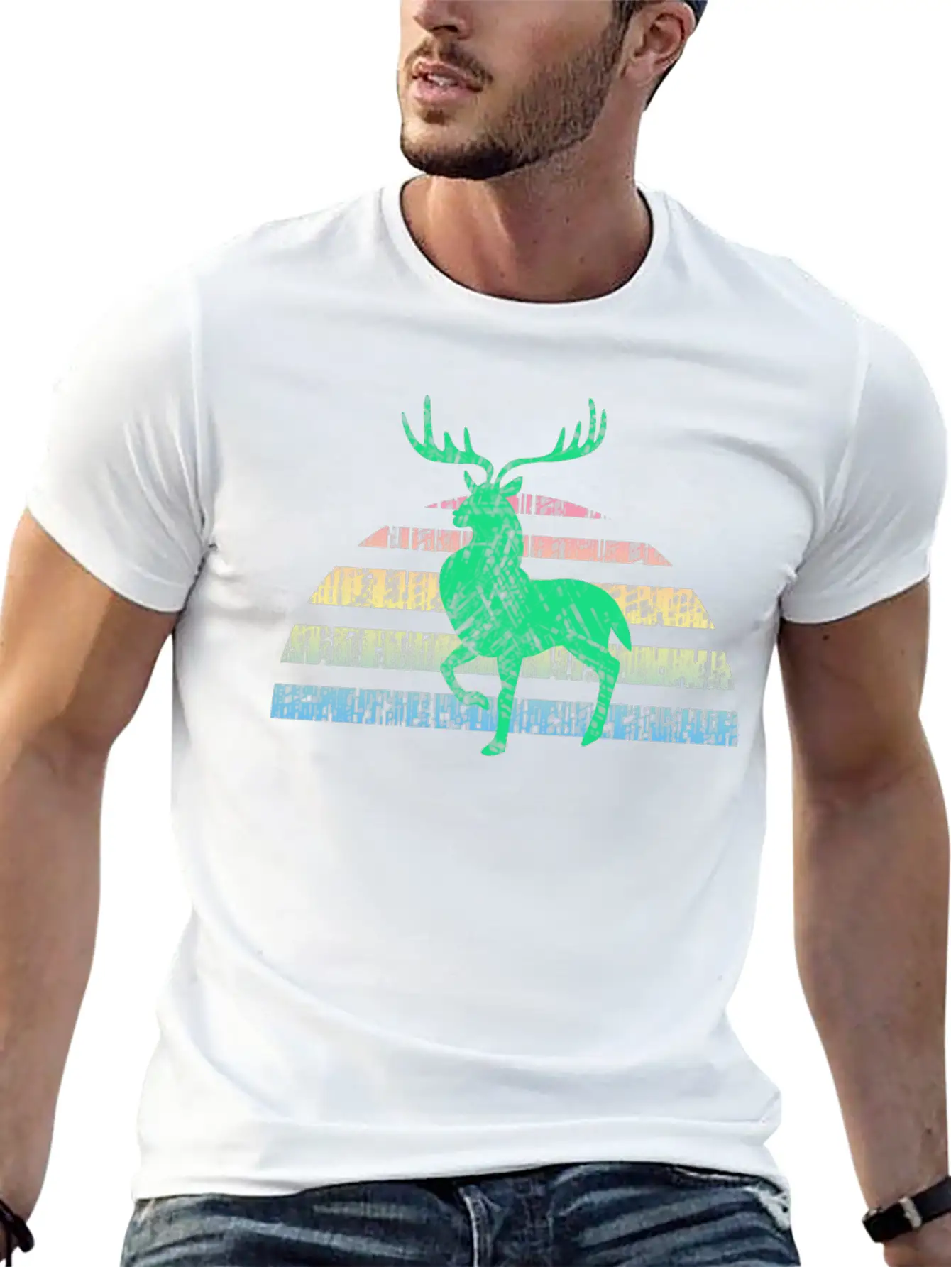 Wild Deer Stag Silhouette, Grunge Background Unisex Short Sleeve Soft Cotton T-Shirt – Casual Everyday Wear