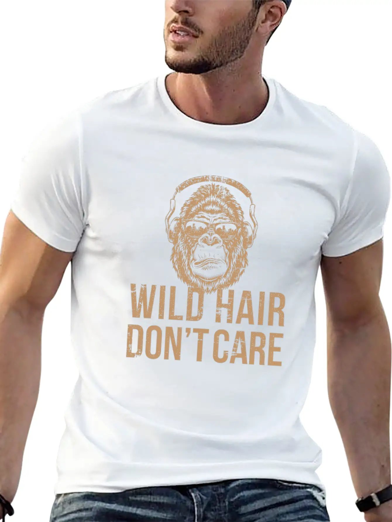 Wild Hair Don't Care Distressed Gorilla Design For Ape Lovers Stylish Everyday T-Shirt – Unisex Basic Cotton Tee