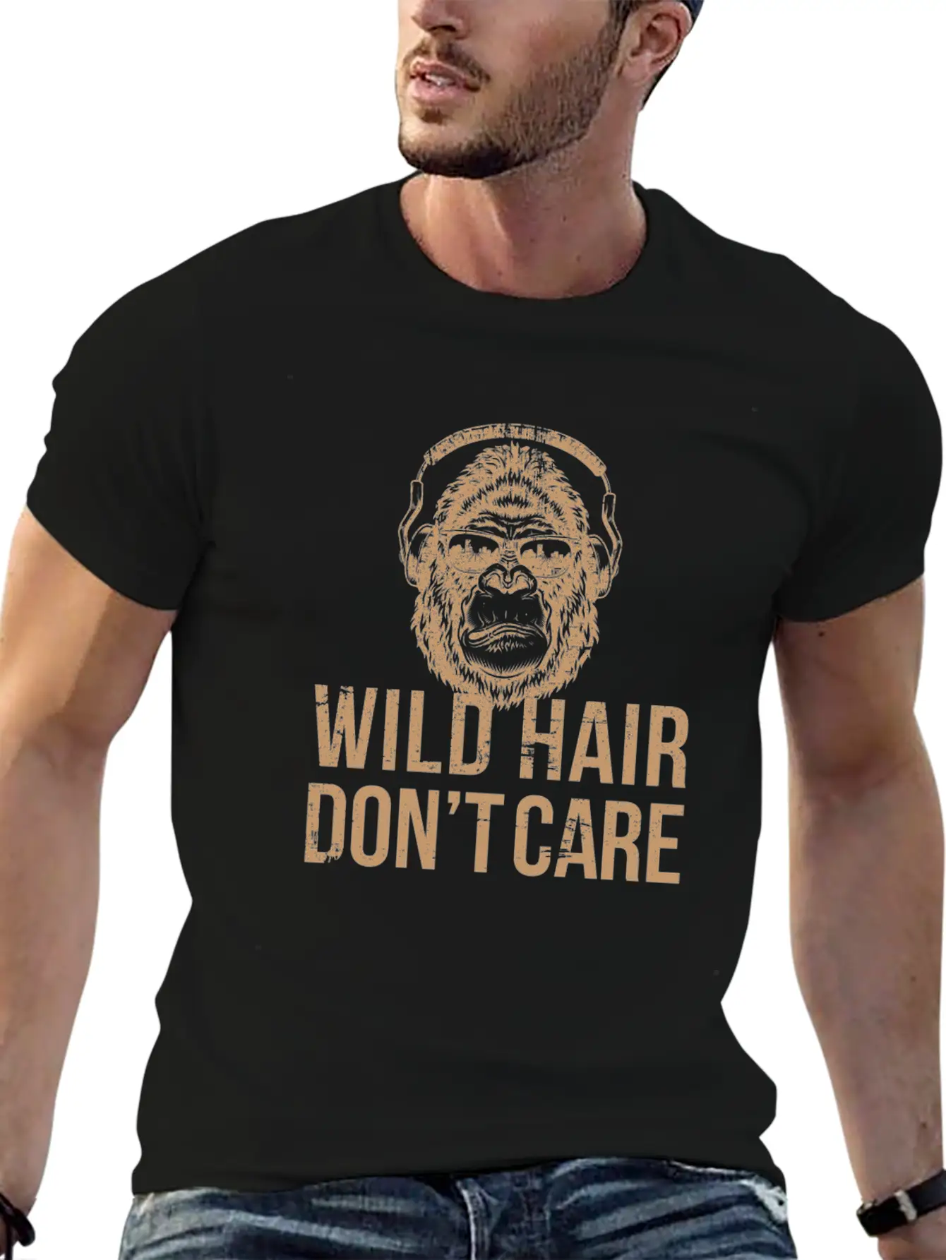 Wild Hair Don't Care Distressed Gorilla Design For Ape Lovers Stylish Everyday T-Shirt – Unisex Basic Cotton Tee