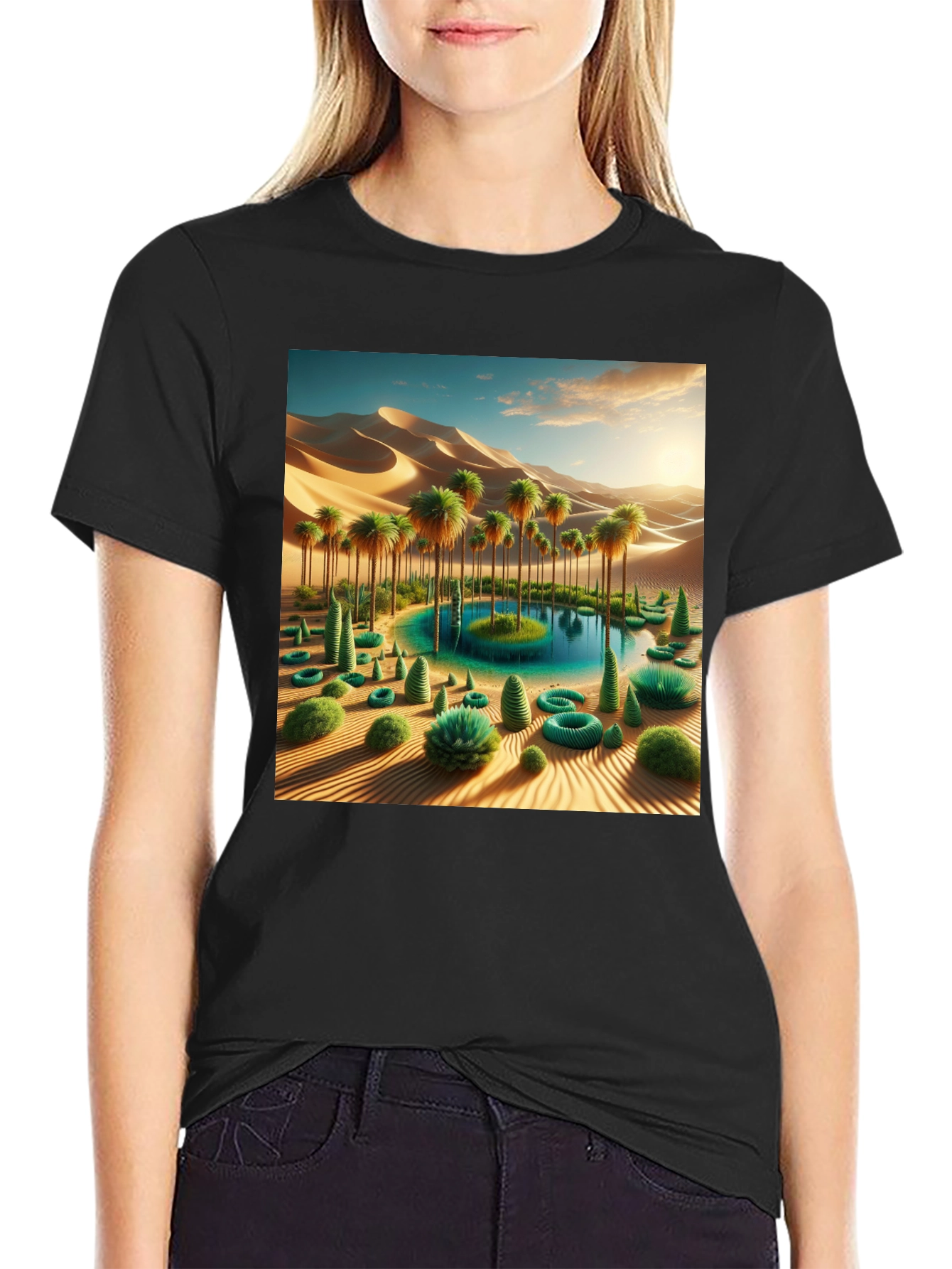 Desert Oasis Graphic Tee - Black Cotton Blend Shirt