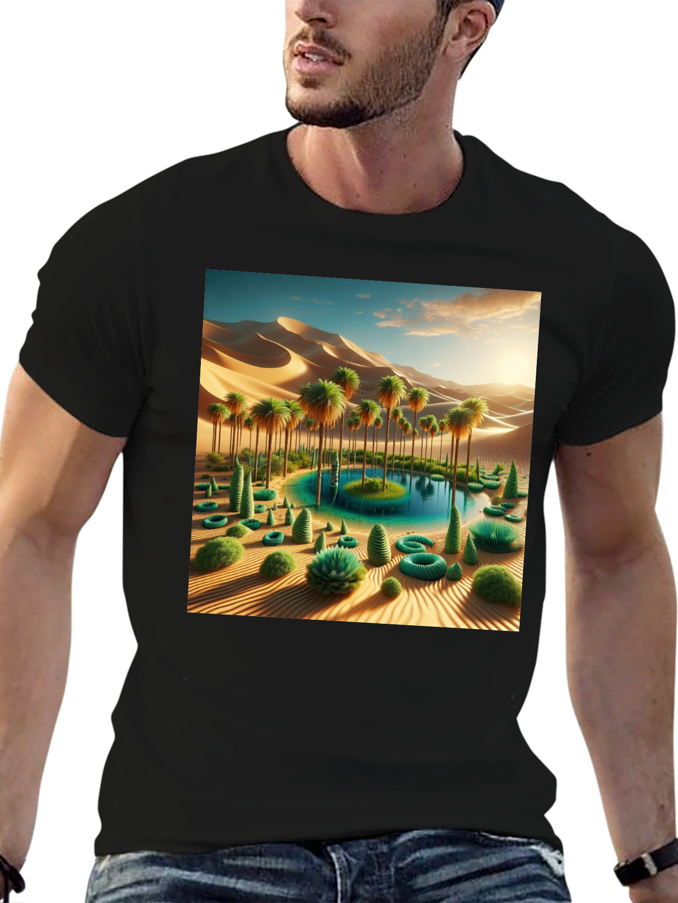 Desert Oasis Graphic Tee - Black Cotton Blend Shirt