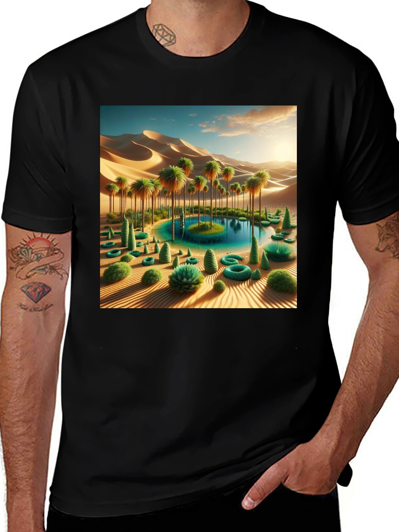 Desert Oasis Graphic Tee - Black Cotton Blend Shirt
