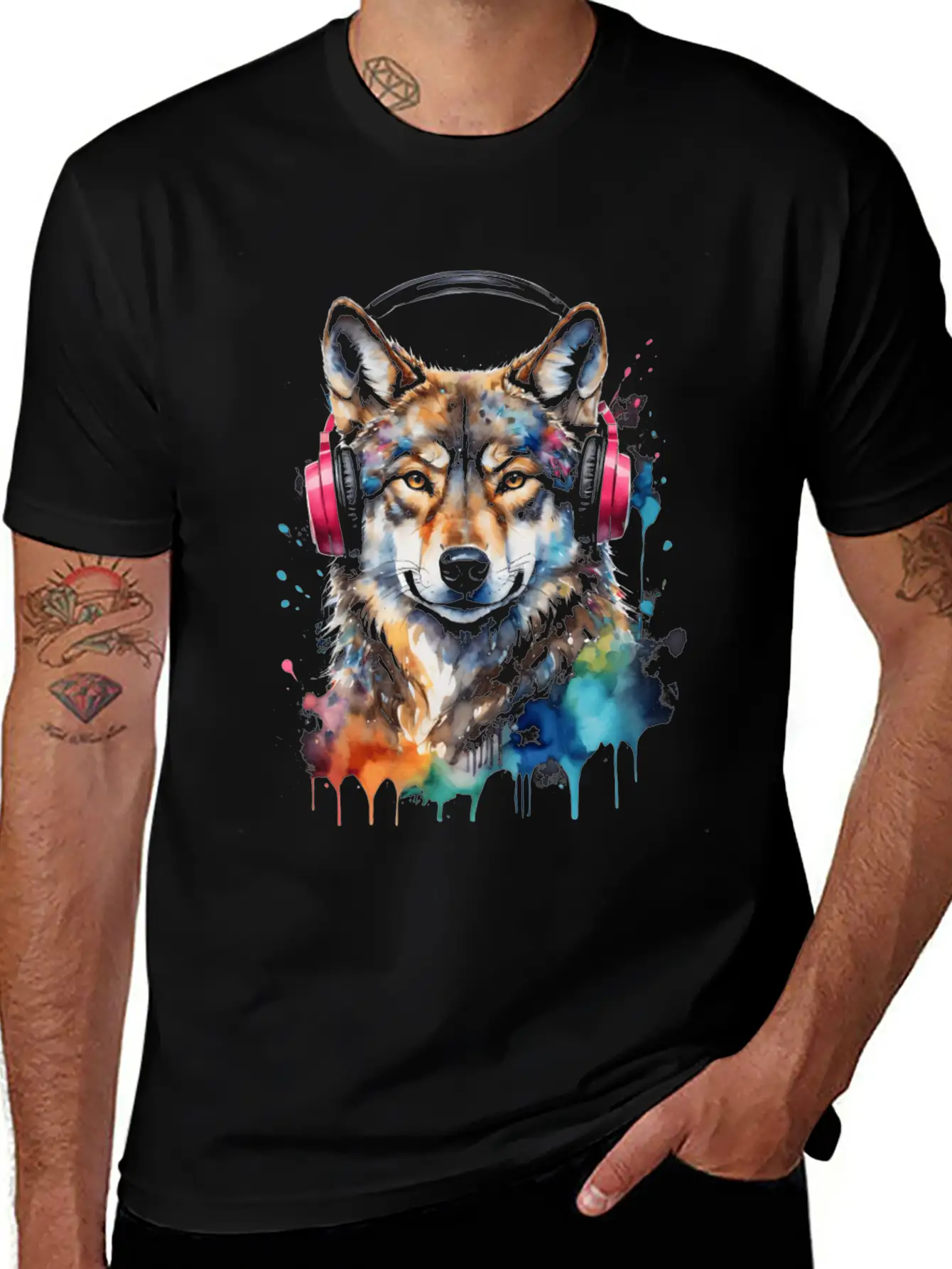 Wolf Headphones Music Colorful Animal Graphic Unisex Short Sleeve Soft Cotton T-Shirt – Casual Everyday Wear