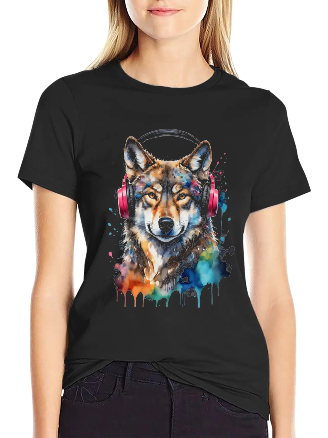Wolf Headphones Music Colorful Animal Graphic Unisex Short Sleeve Soft Cotton T-Shirt – Casual Everyday Wear