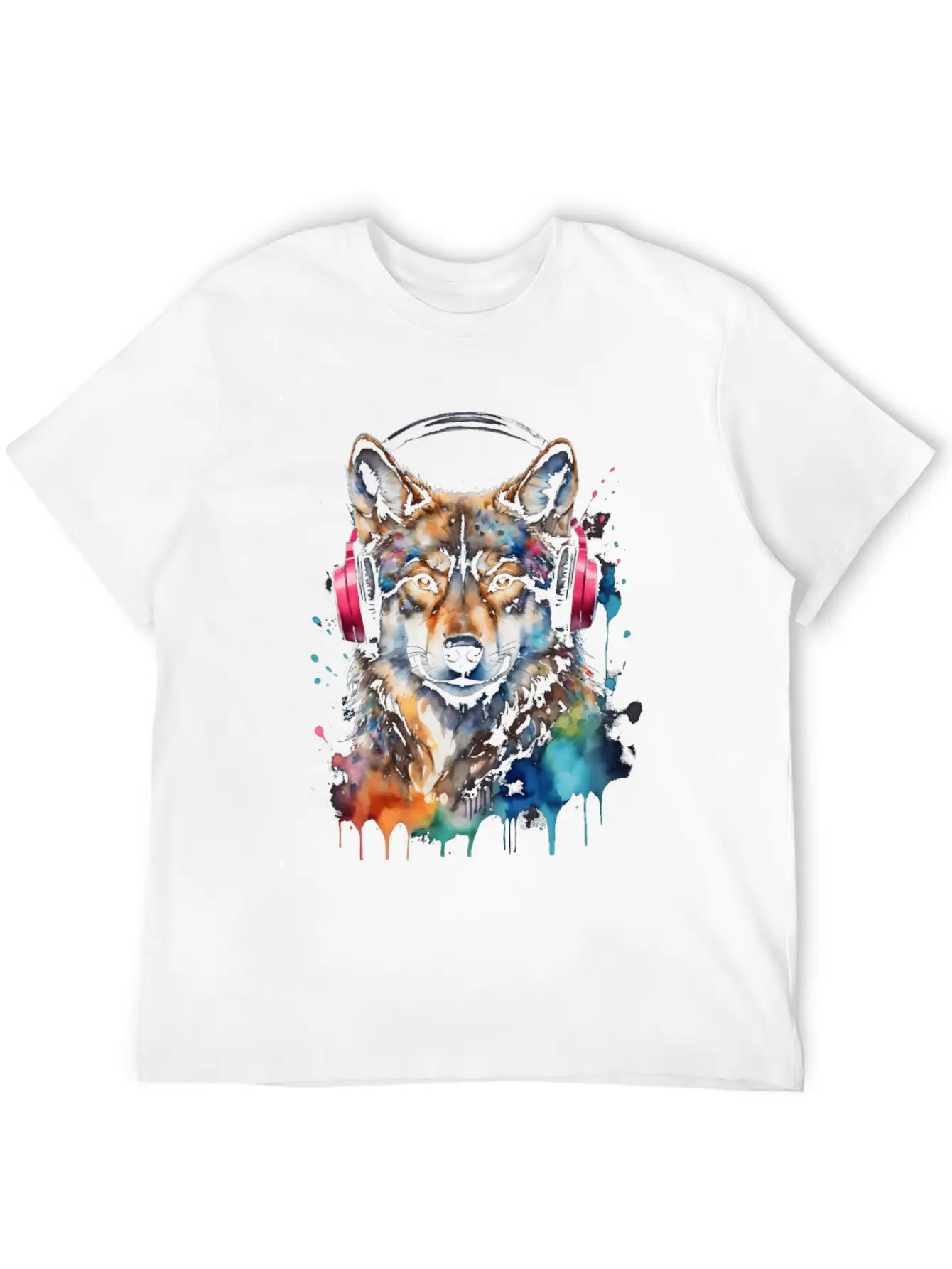 Wolf Headphones Music Colorful Animal Graphic Unisex Short Sleeve Soft Cotton T-Shirt – Casual Everyday Wear