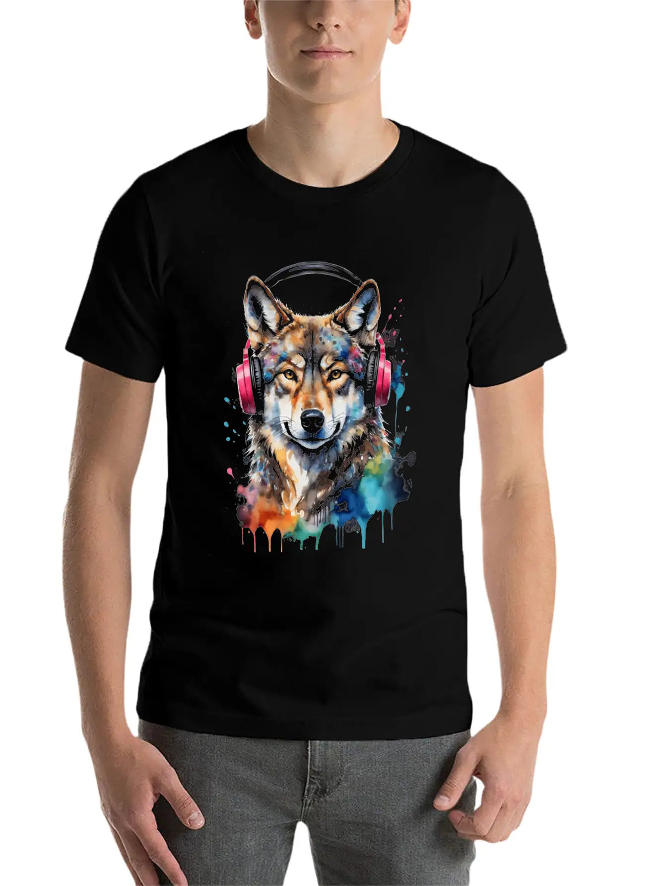 Wolf Headphones Music Colorful Animal Graphic Unisex Short Sleeve Soft Cotton T-Shirt – Casual Everyday Wear
