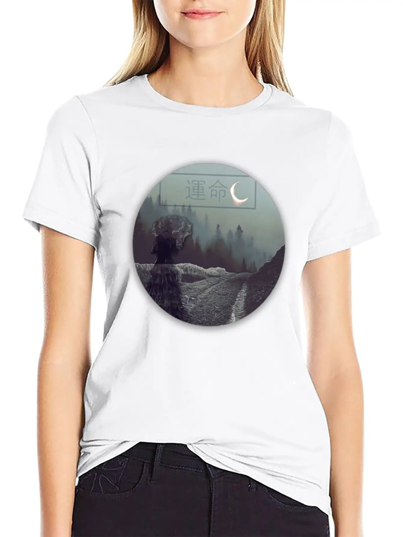 WOMAN UNDER UMBRELLA ON WALK OF DESTINY UNDER MOON Unisex Short Sleeve Soft Cotton T-Shirt – Casual Everyday Wear