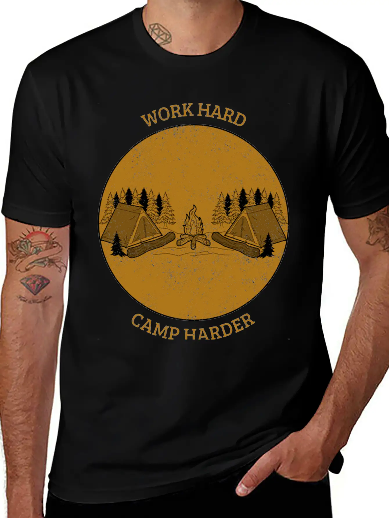 Work Hard Camp Harder Camping Unisex Short Sleeve Soft Cotton T-Shirt – Casual Everyday Wear