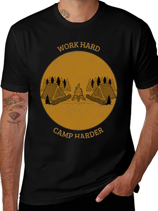 Work Hard Camp Harder Camping Unisex Short Sleeve Soft Cotton T-Shirt – Casual Everyday Wear