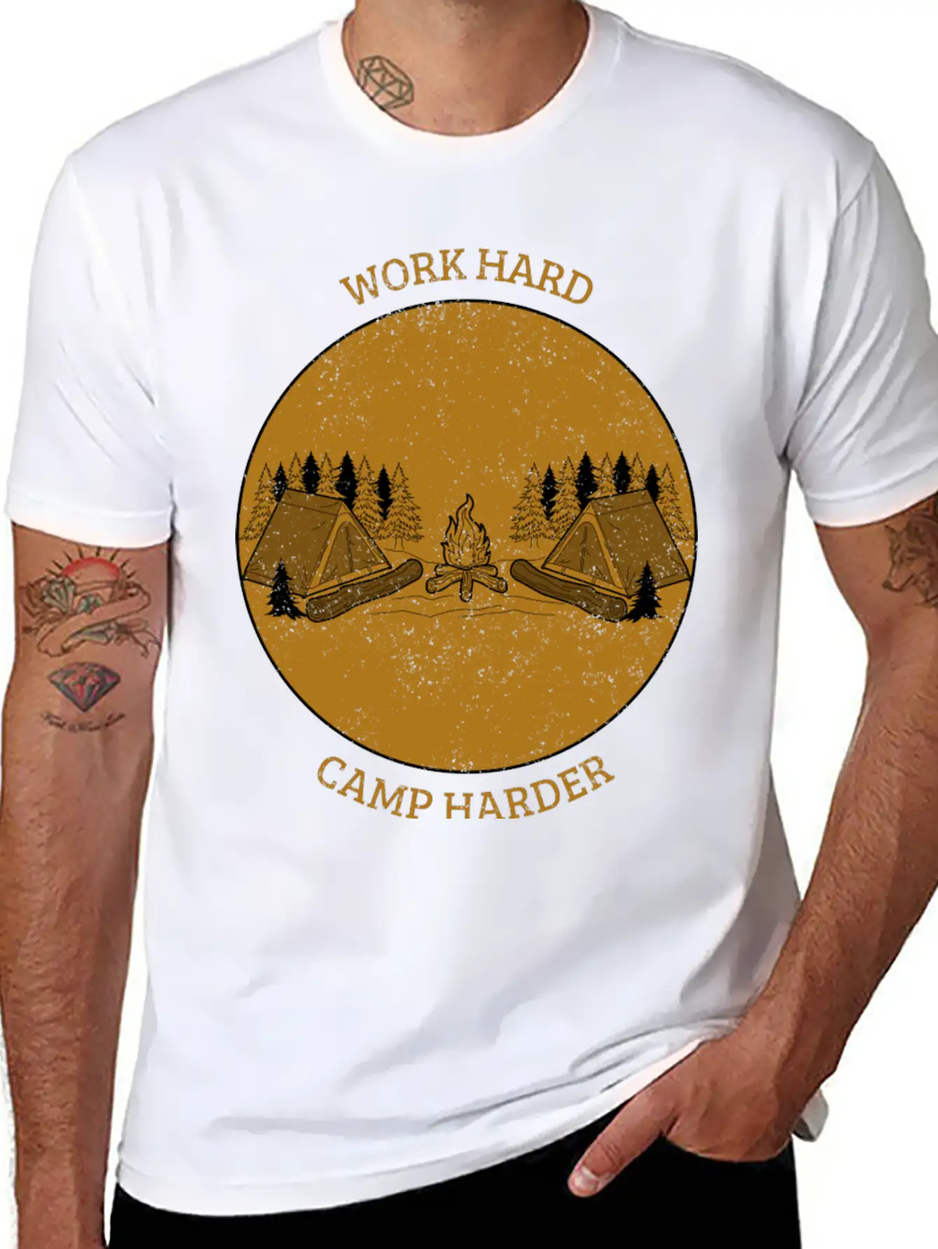 Work Hard Camp Harder Camping Unisex Short Sleeve Soft Cotton T-Shirt – Casual Everyday Wear