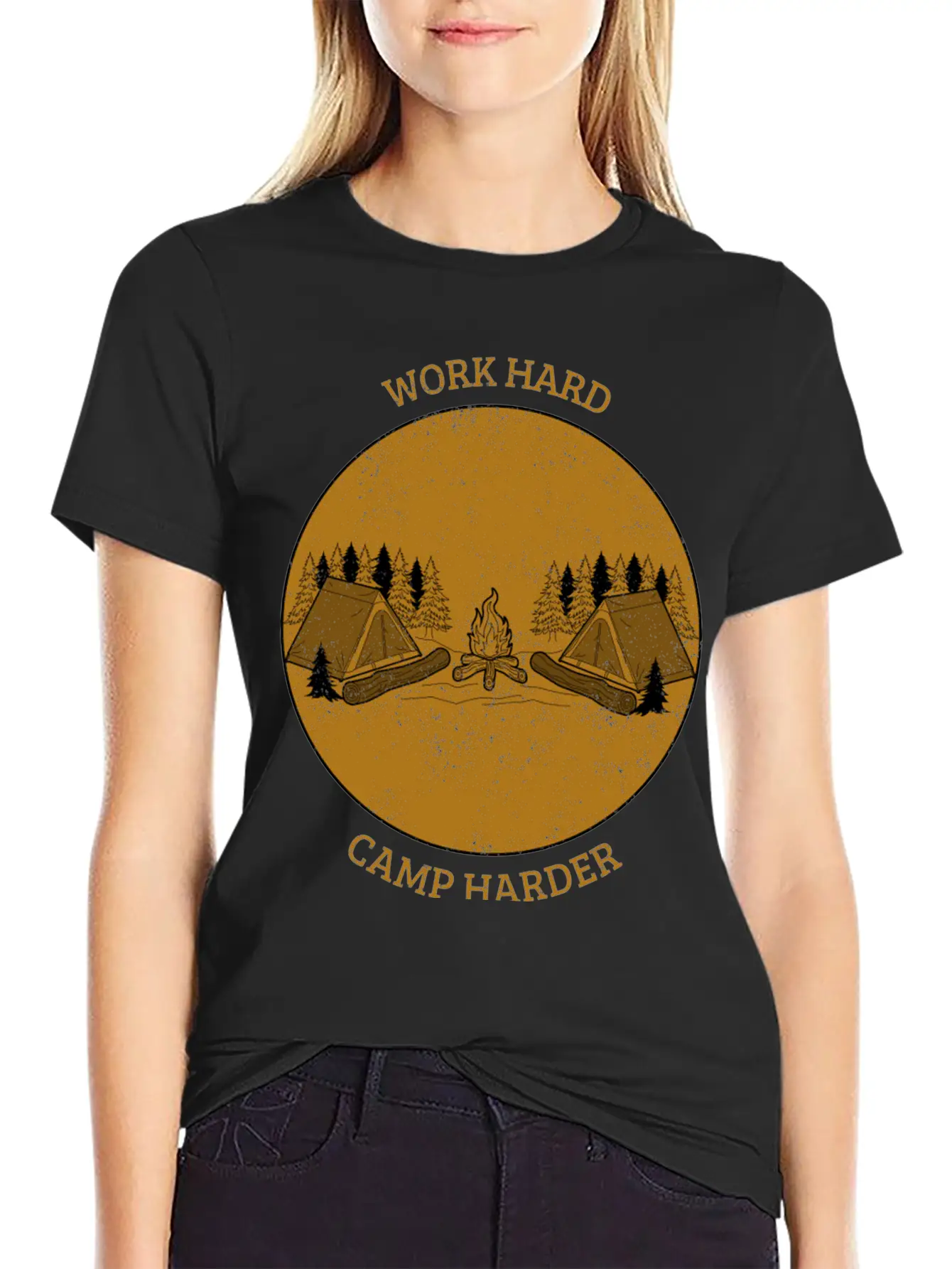 Work Hard Camp Harder Camping Unisex Short Sleeve Soft Cotton T-Shirt – Casual Everyday Wear