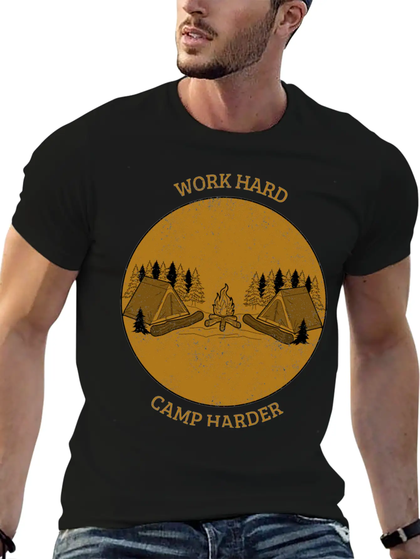 Work Hard Camp Harder Camping Unisex Short Sleeve Soft Cotton T-Shirt – Casual Everyday Wear