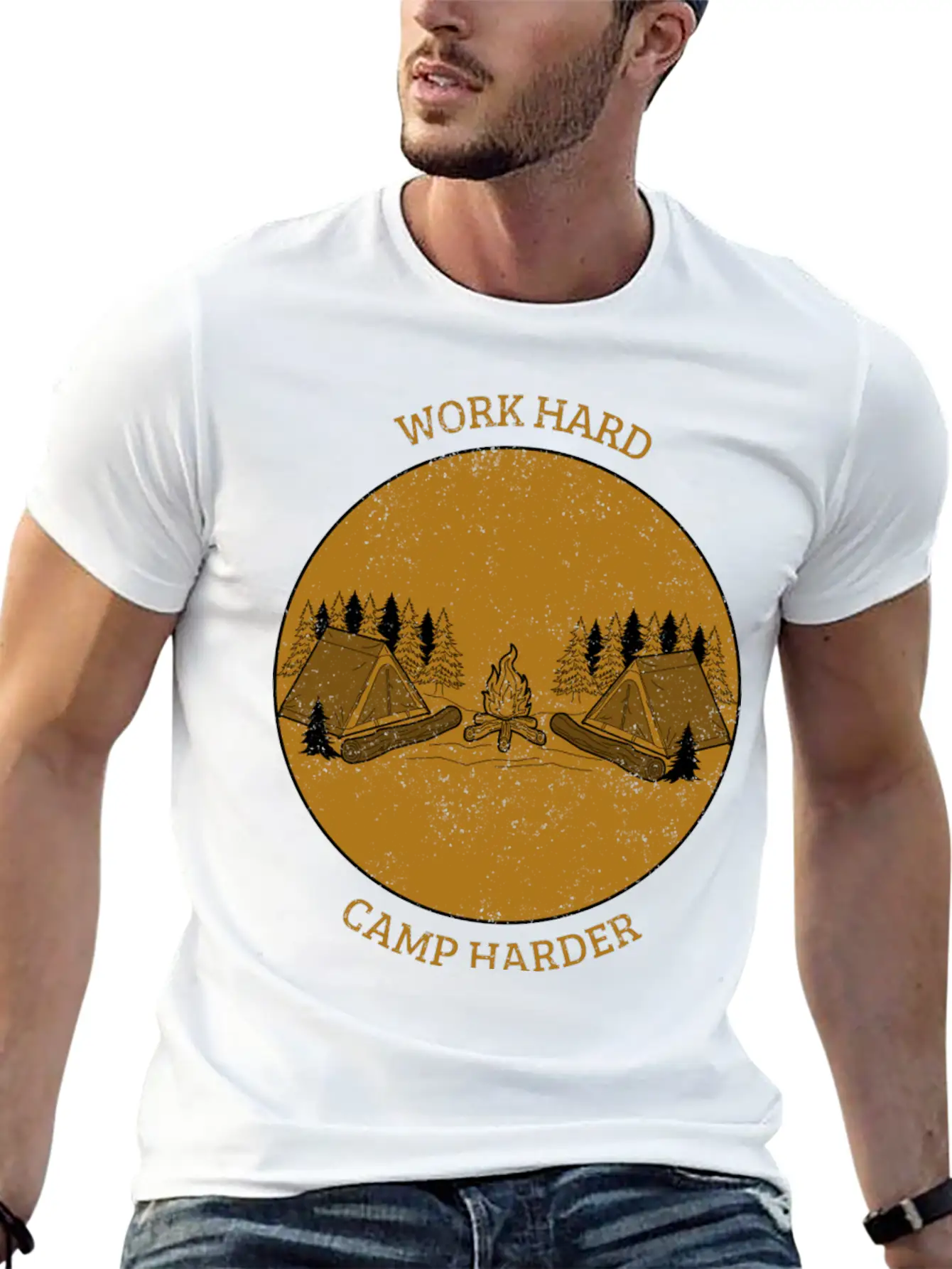 Work Hard Camp Harder Camping Unisex Short Sleeve Soft Cotton T-Shirt – Casual Everyday Wear