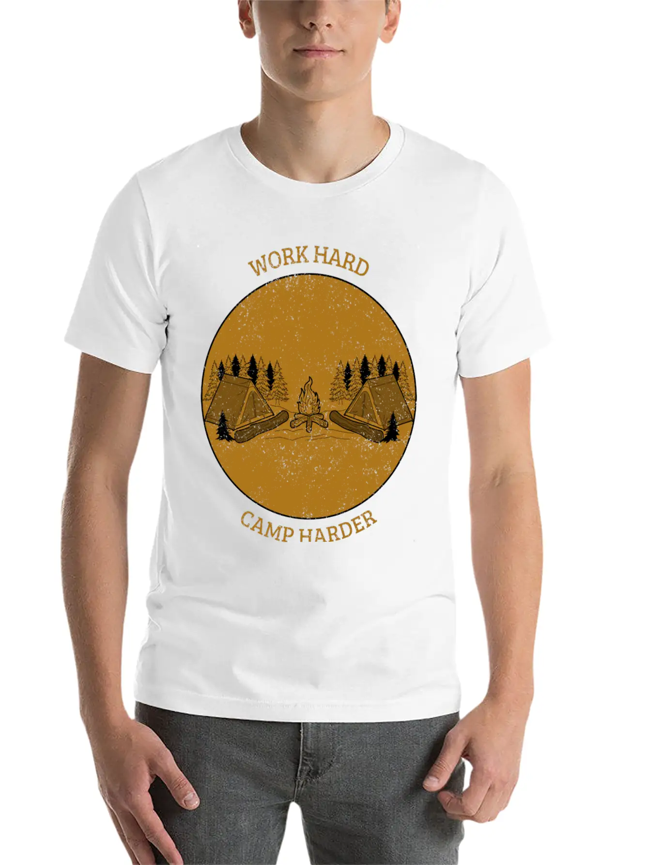 Work Hard Camp Harder Camping Unisex Short Sleeve Soft Cotton T-Shirt – Casual Everyday Wear
