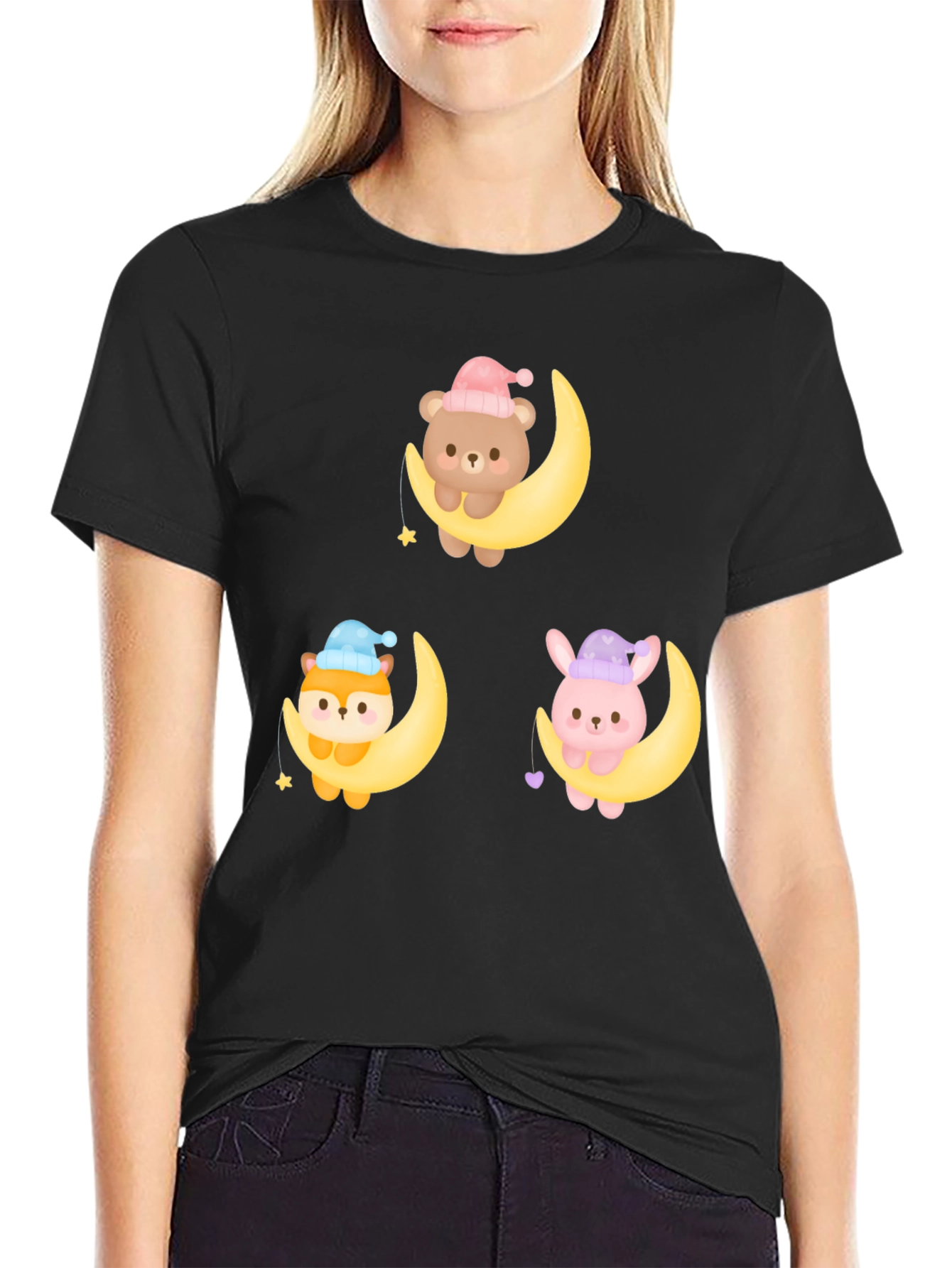Cute Cartoon Animals on Moon Graphic T-Shirt