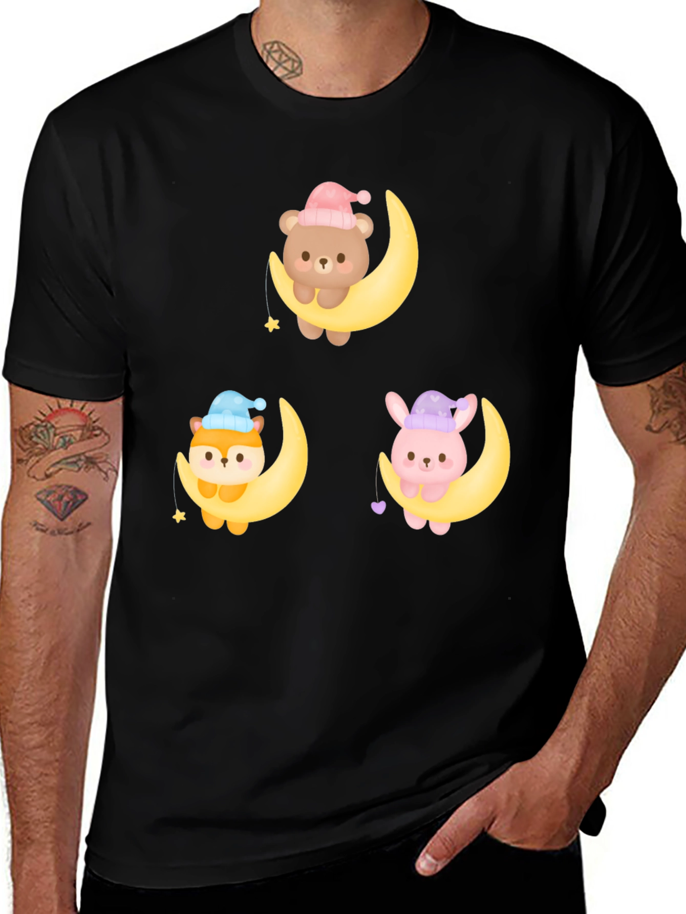 Cute Cartoon Animals on Moon Graphic T-Shirt