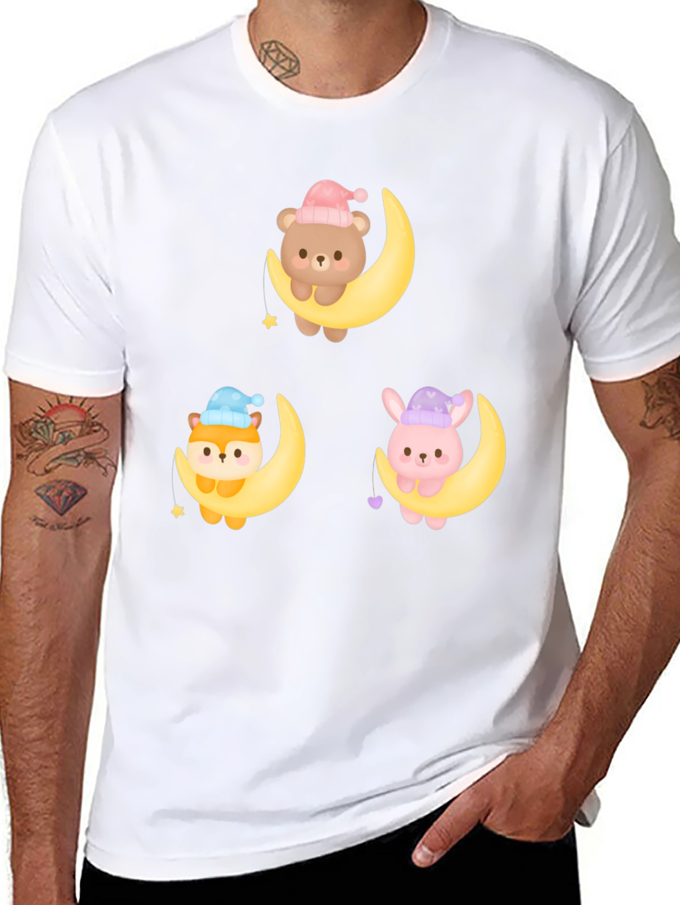 Cute Cartoon Animals on Moon Graphic T-Shirt