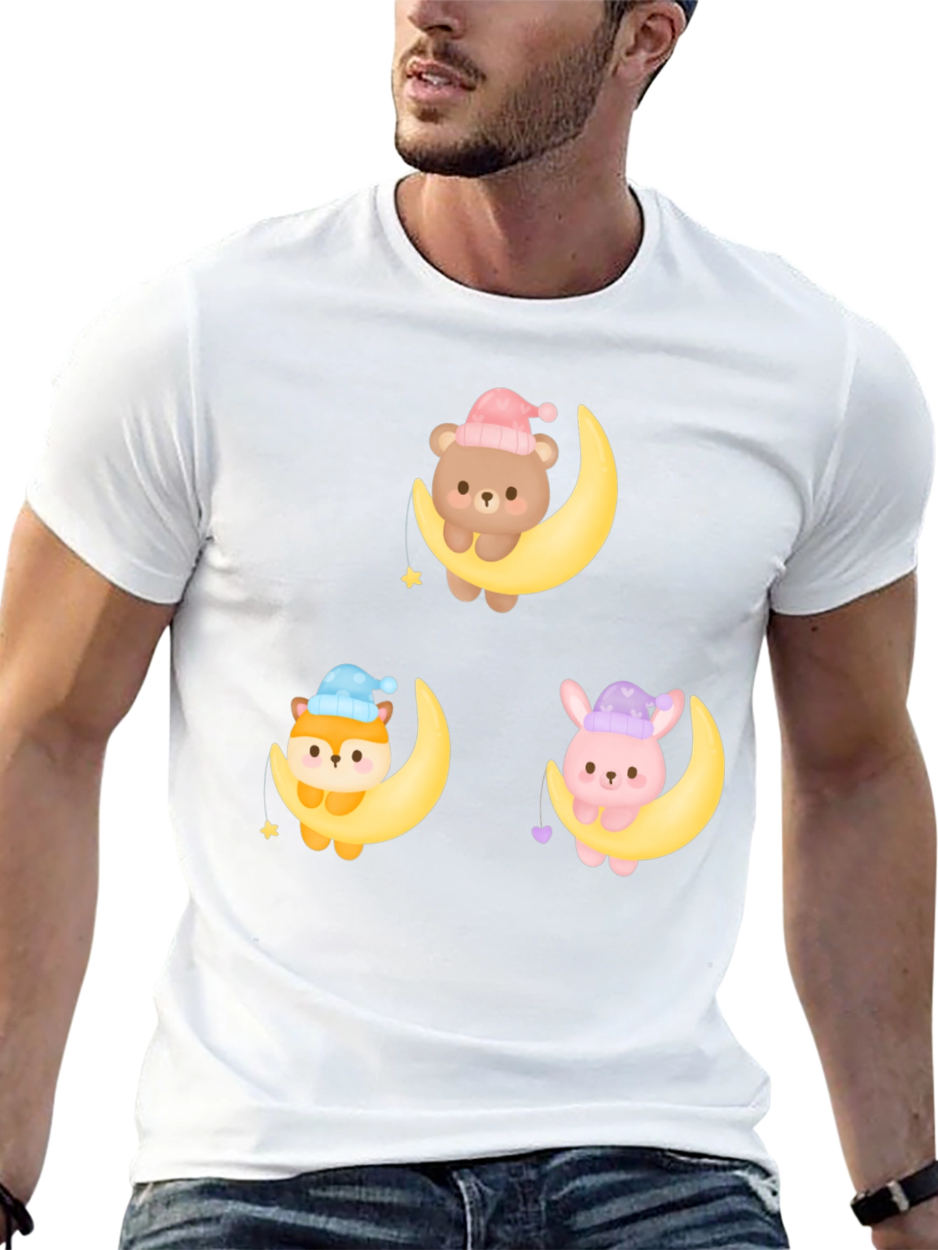 Cute Cartoon Animals on Moon Graphic T-Shirt