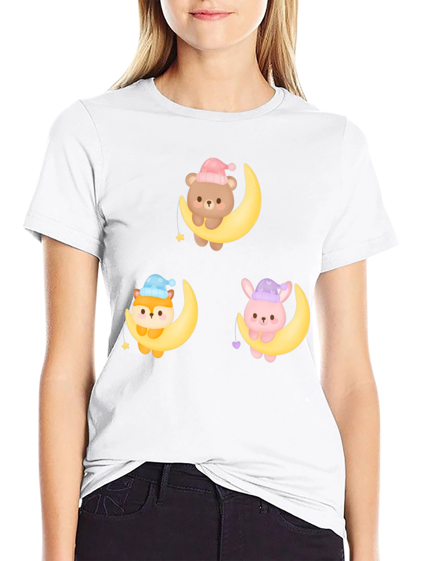 Cute Cartoon Animals on Moon Graphic T-Shirt
