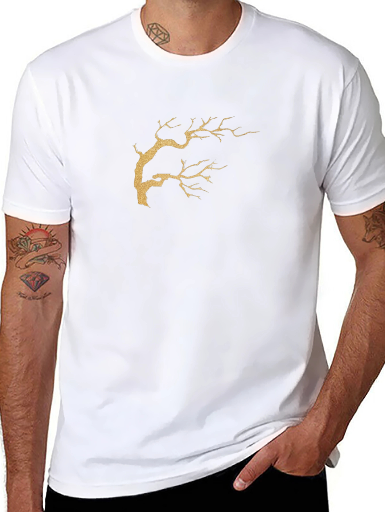 Black T-Shirt with Gold Tree Branch Graphic