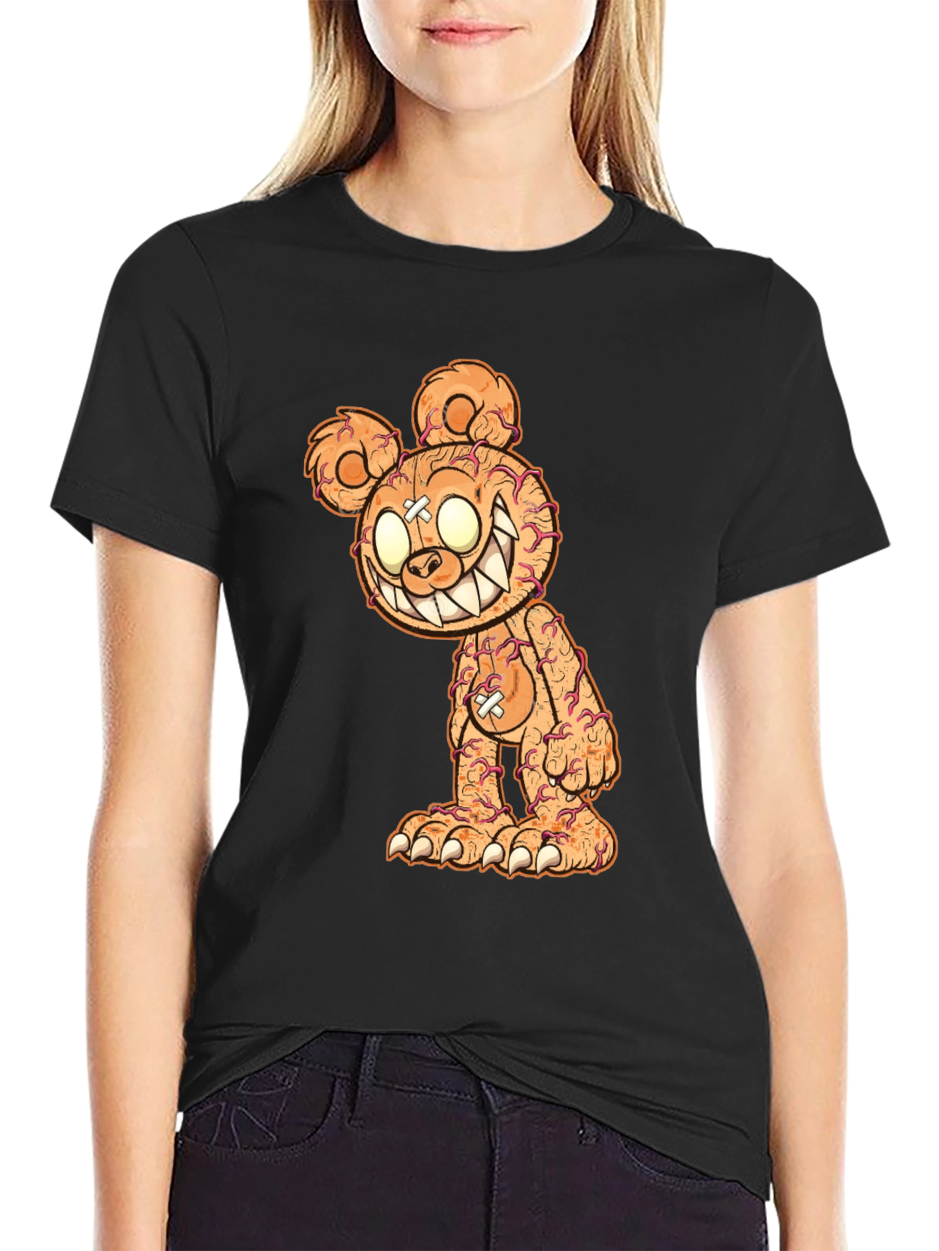 Creepy Bear Graphic Tee - Black Cotton T-Shirt