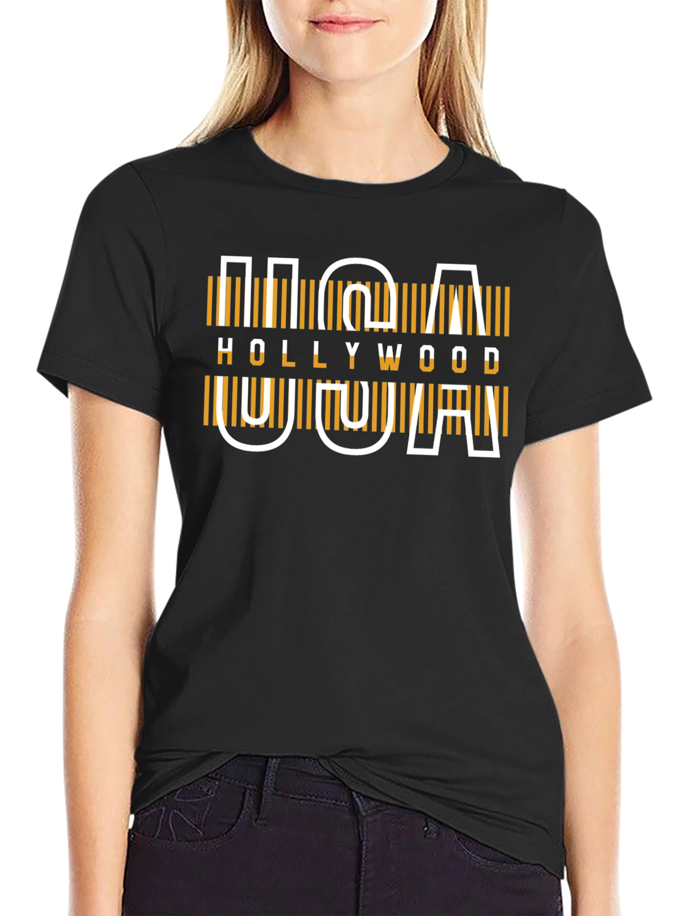 USA Hollywood Graphic Tee - Modern Design Black T-Shirt