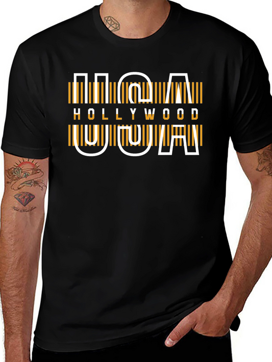 USA Hollywood Graphic Tee - Modern Design Black T-Shirt