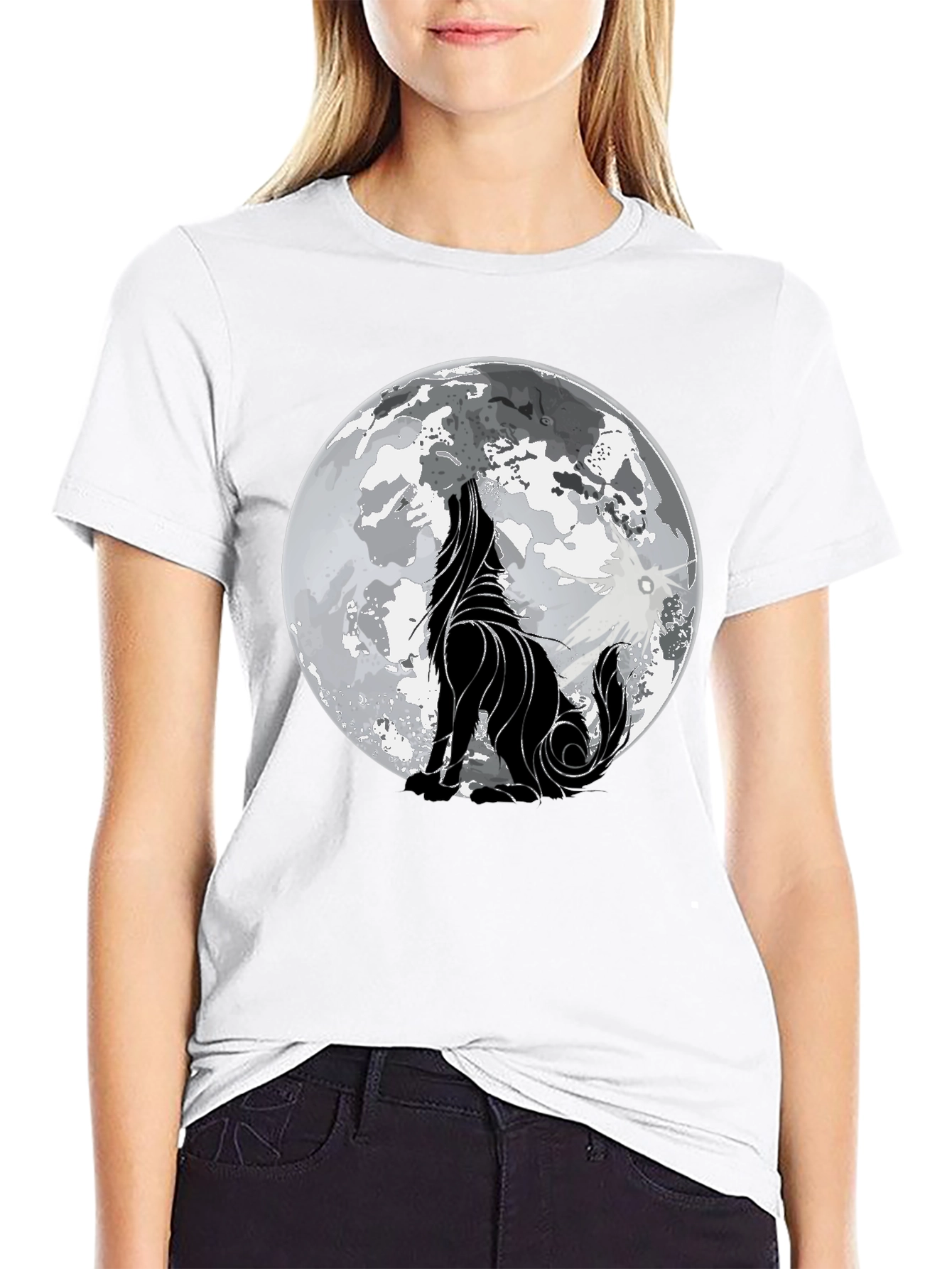 Wolf Howling at Moon Graphic Black T-Shirt