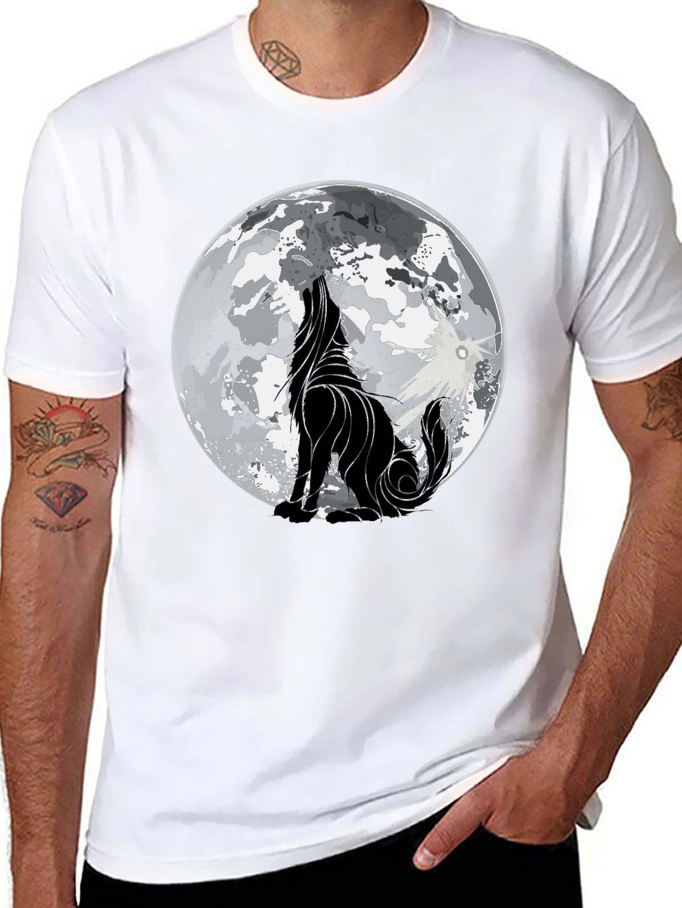 Wolf Howling at Moon Graphic Black T-Shirt
