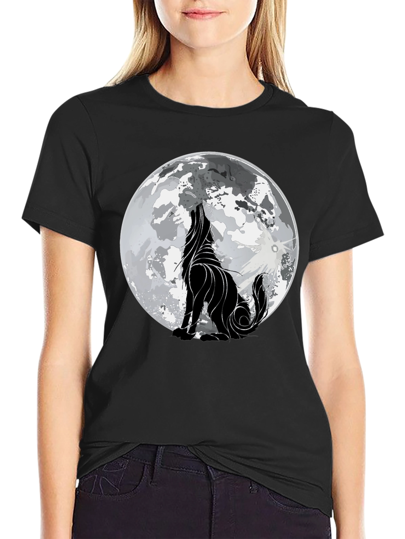 Wolf Howling at Moon Graphic Black T-Shirt