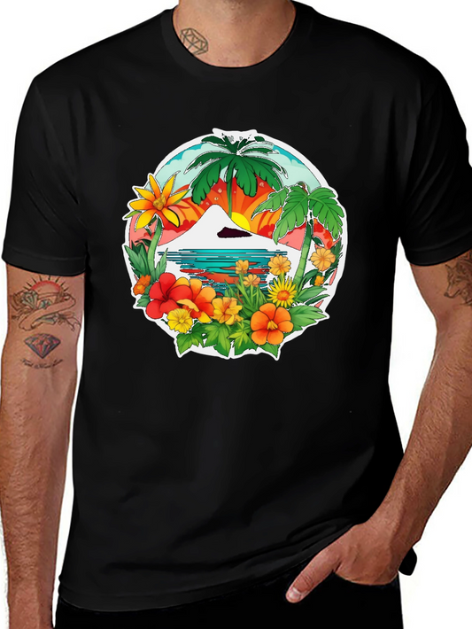 Tropical Island Graphic Tee - Black Casual Shirt