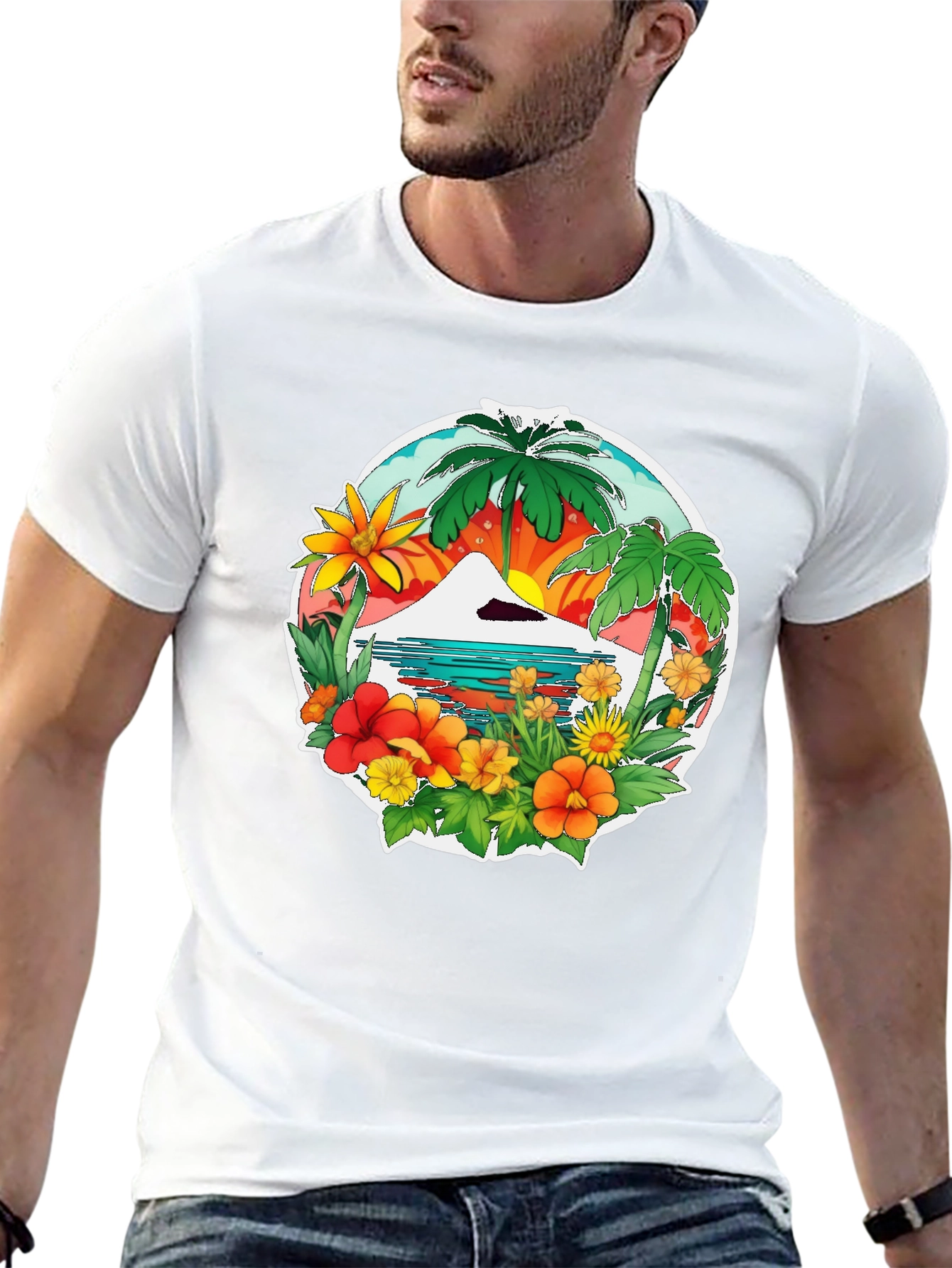 Tropical Island Graphic Tee - Black Casual Shirt