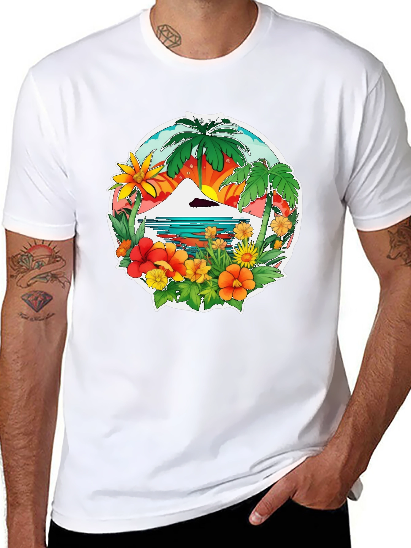 Tropical Island Graphic Tee - Black Casual Shirt