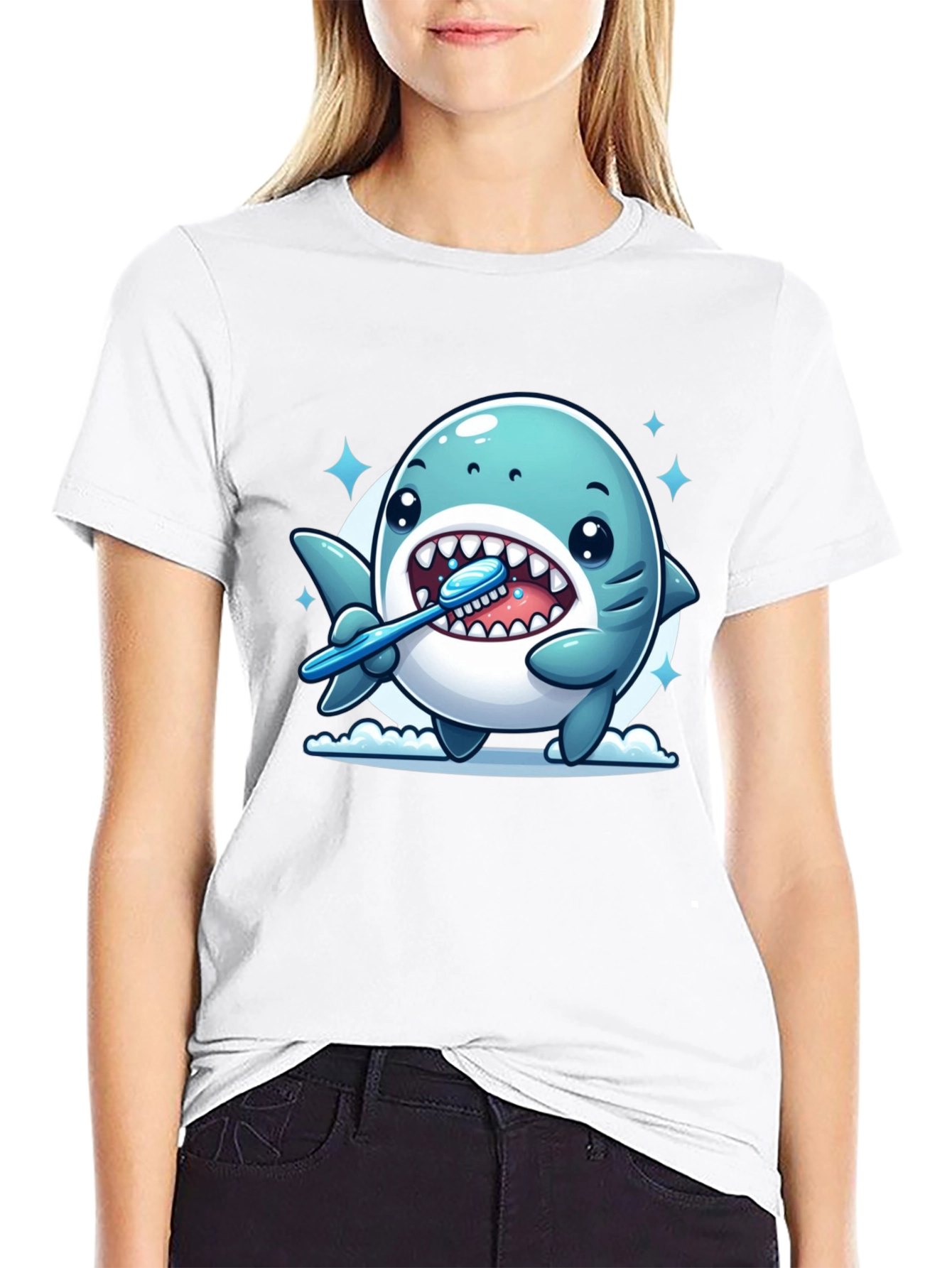 Cute Shark Brushing Teeth Graphic Tee