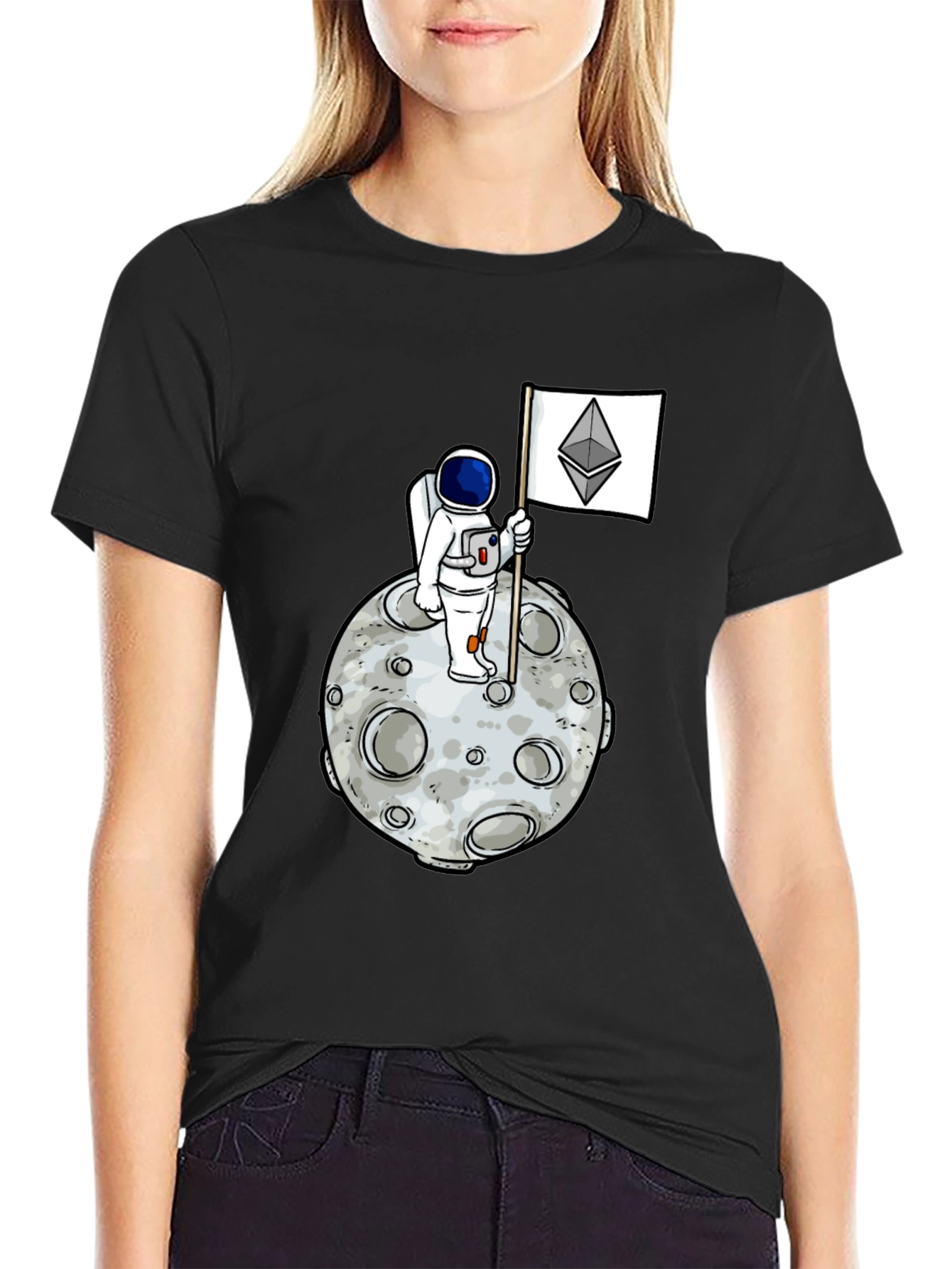 Astronaut Ethereum Flag Graphic Tee - Black Cotton Shirt