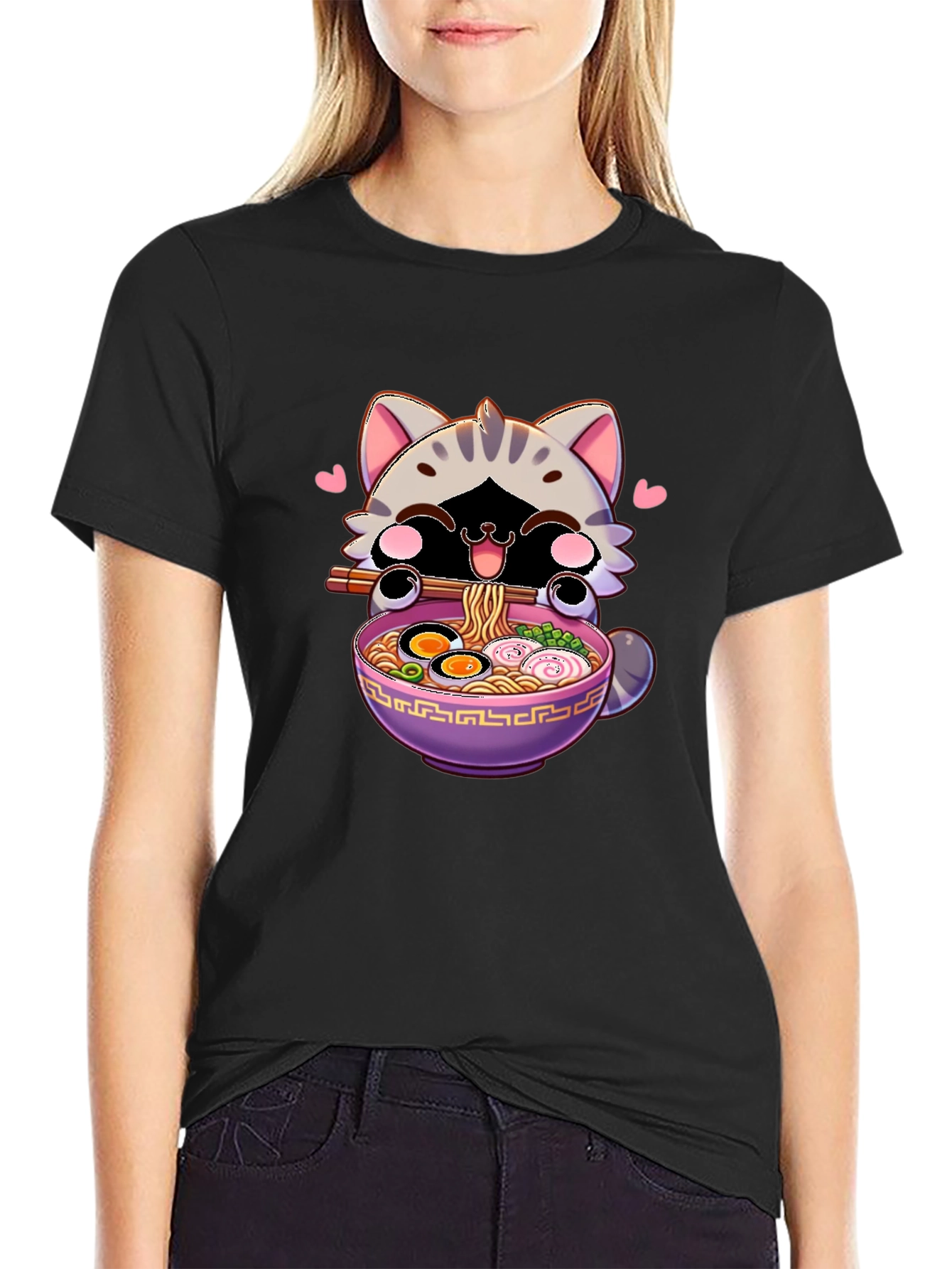 Cute Anime Cat Ramen Bowl Graphic T-Shirt