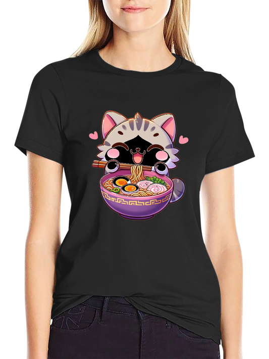 Cute Anime Cat Ramen Bowl Graphic T-Shirt