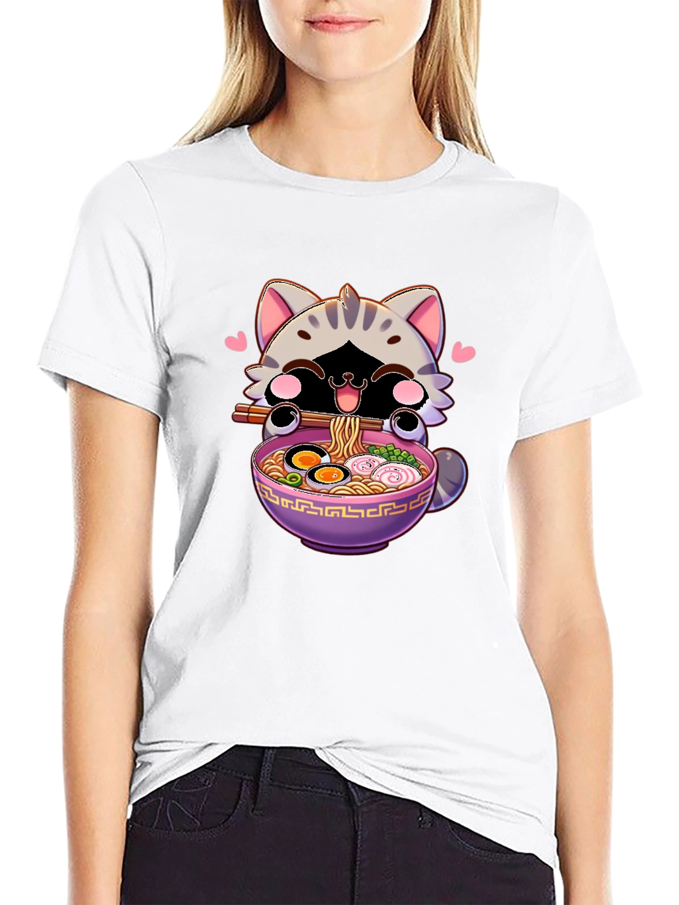 Cute Anime Cat Ramen Bowl Graphic T-Shirt