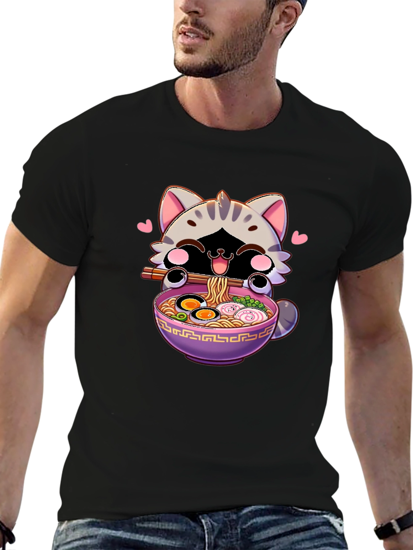 Cute Anime Cat Ramen Bowl Graphic T-Shirt