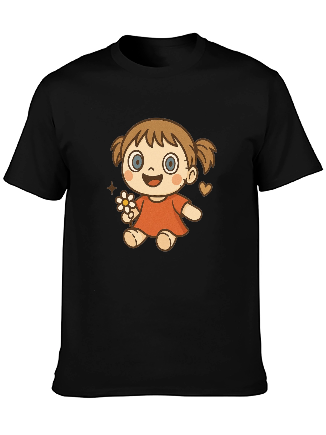 Cute Cartoon Girl Graphic T-Shirt - Black