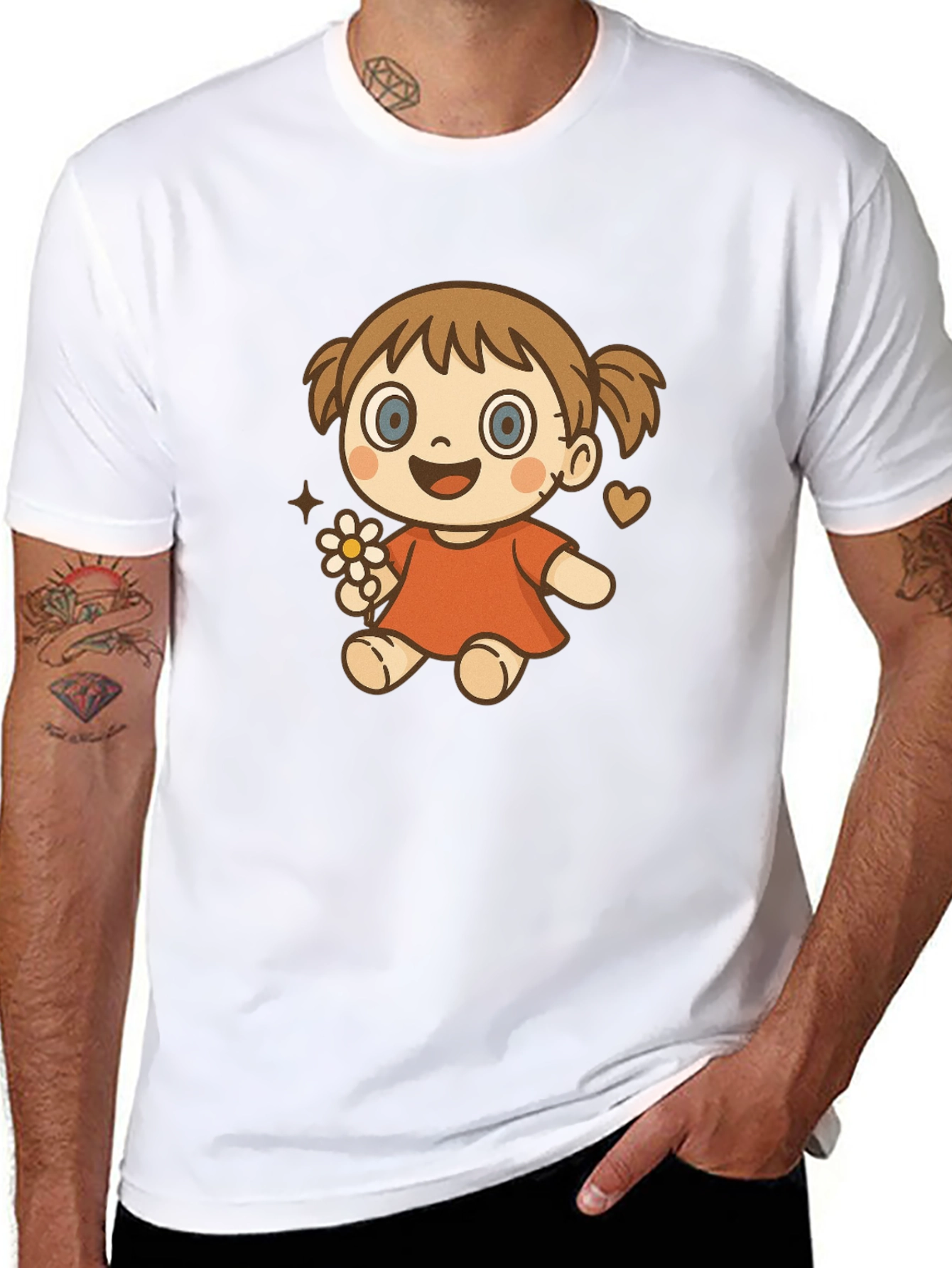 Cute Cartoon Girl Graphic T-Shirt - Black
