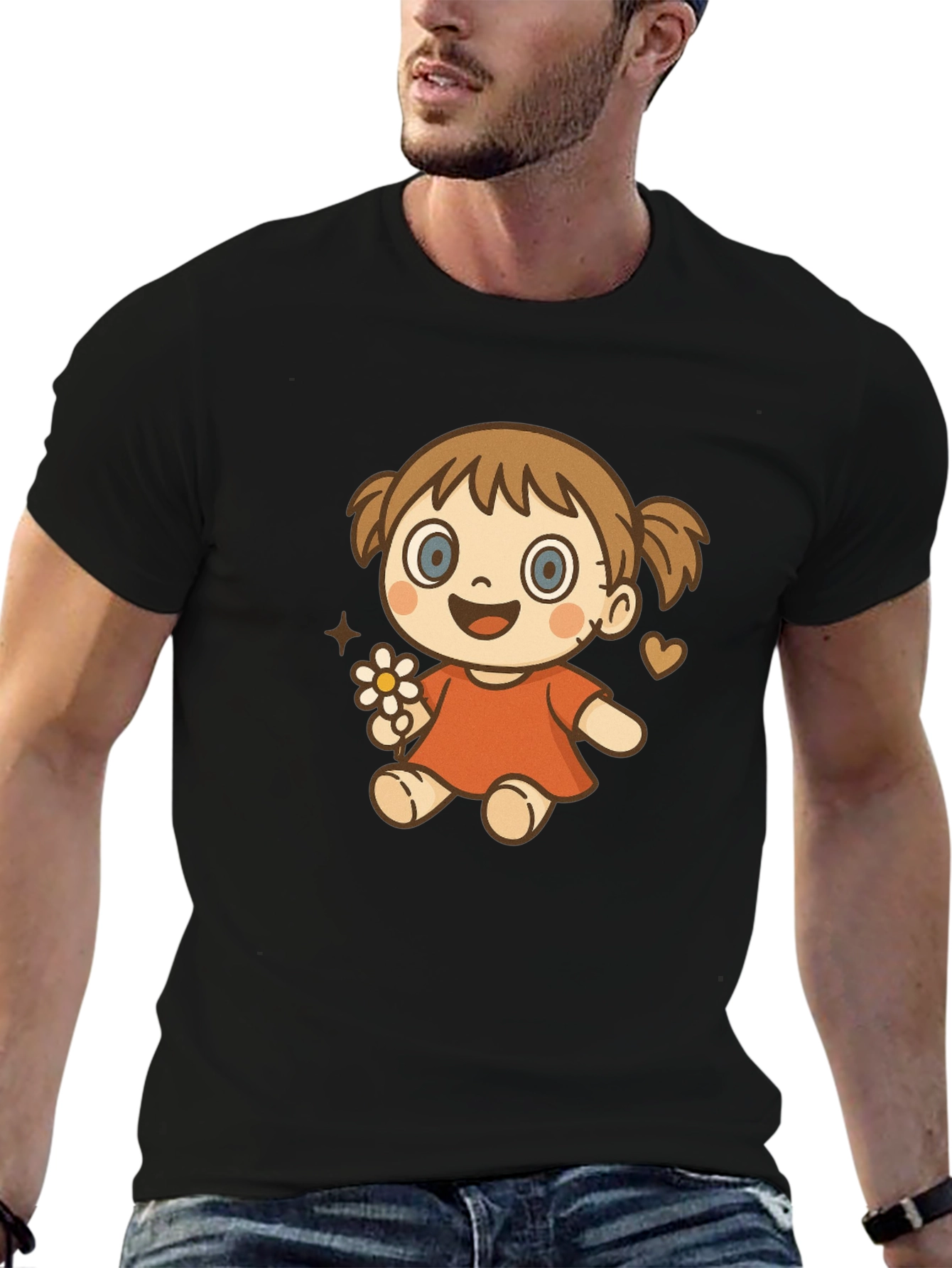Cute Cartoon Girl Graphic T-Shirt - Black