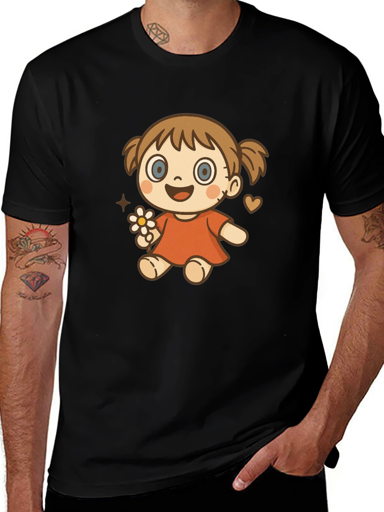 Cute Cartoon Girl Graphic T-Shirt - Black