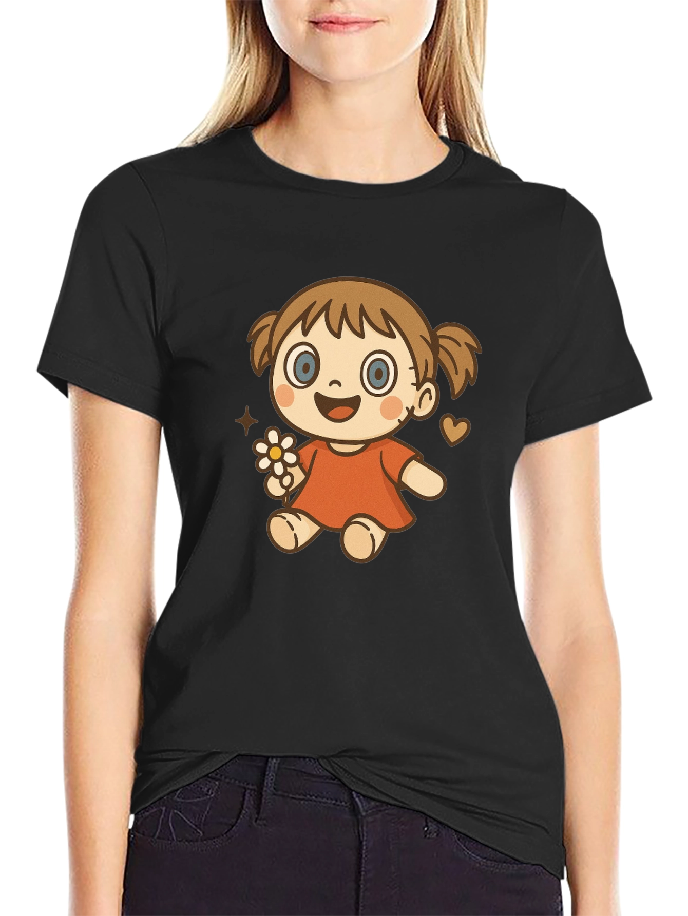 Cute Cartoon Girl Graphic T-Shirt - Black